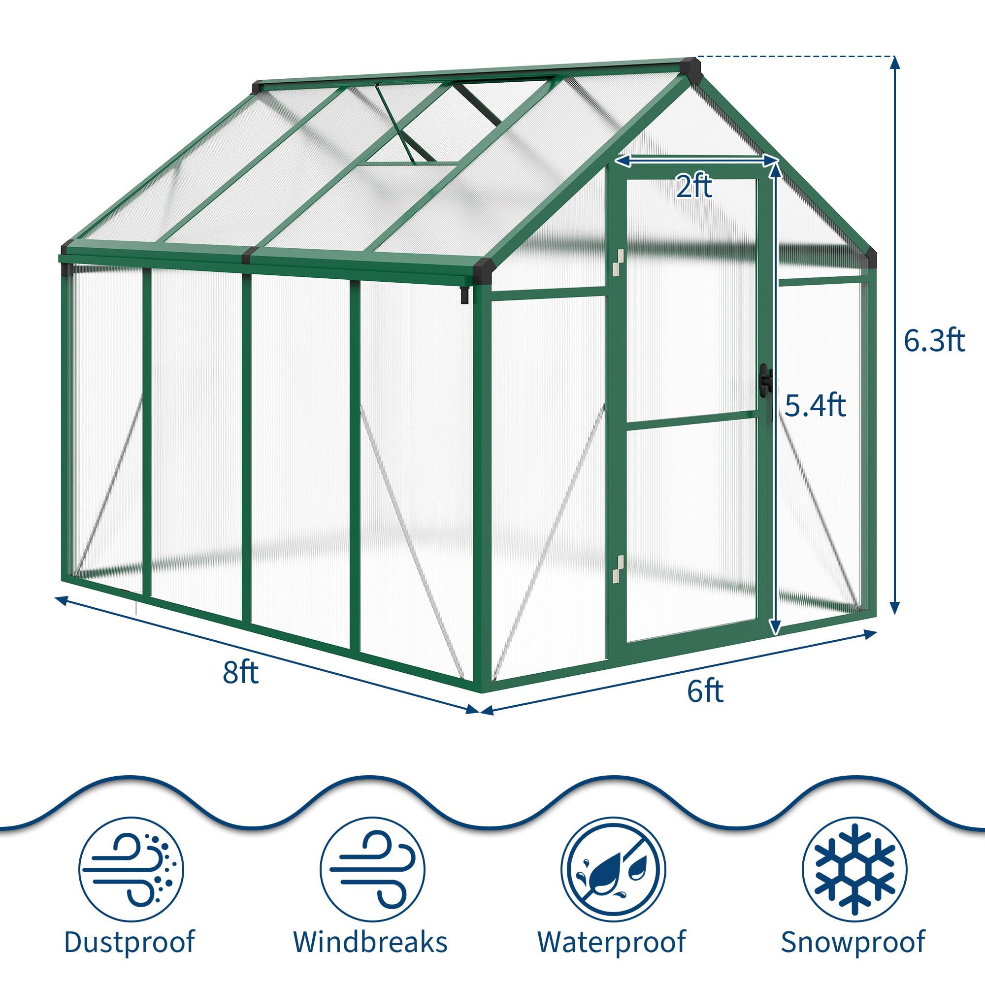 Garvee 6x8 FT Polycarbonate Greenhouse with Roof Vent, Lockable Push Door, Aluminum Frame, Ground Nails, Large Walk-in for Garden Patio Lawn