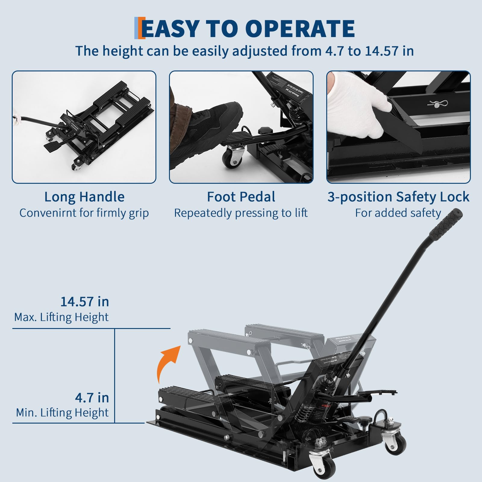 Garvee Hydraulic Motorcycle Lift Jack, 1500 lbs Capacity Steel ATV Hoist with Wheels, Adjustable Height, 3-Position Safety Lock, Portable Garage Lifting Stand，Black