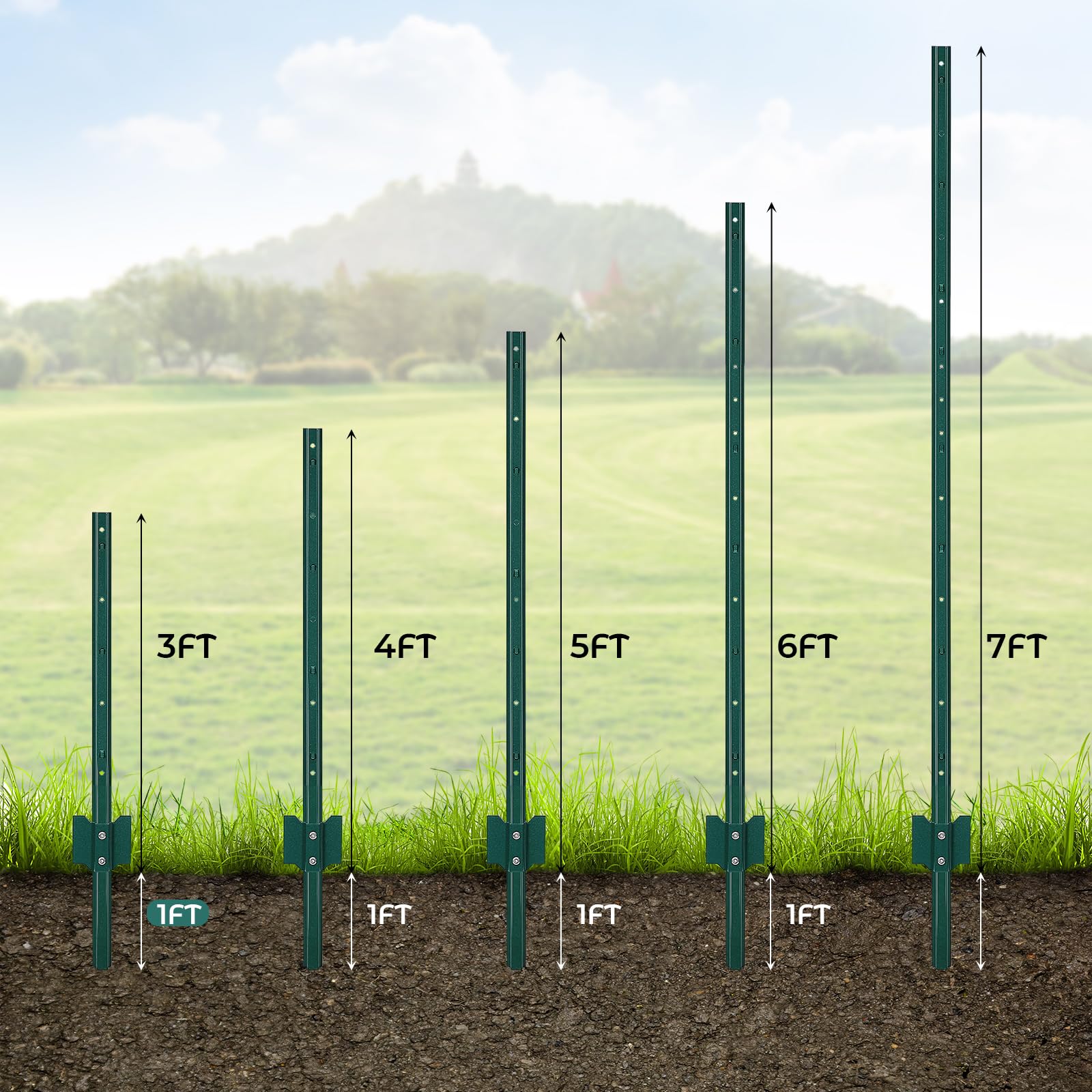 Garvee 6 ft Metal Fence Posts U-Channel Design Heavy Duty 14-Gauge Steel Green Powder-Coated Adjustable Tabs Garden Yard Farm