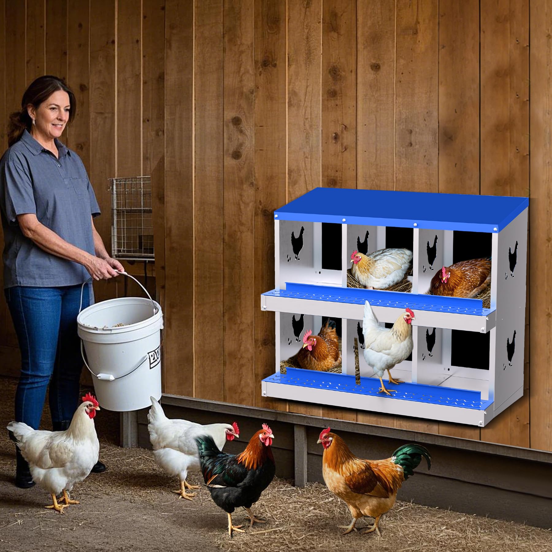 Garvee 6-Hole Chicken Nesting Box Galvanized Steel Rustproof Automatic Egg Collection Ventilated Easy Install Wall or Freestanding for Chicken Coop Blue