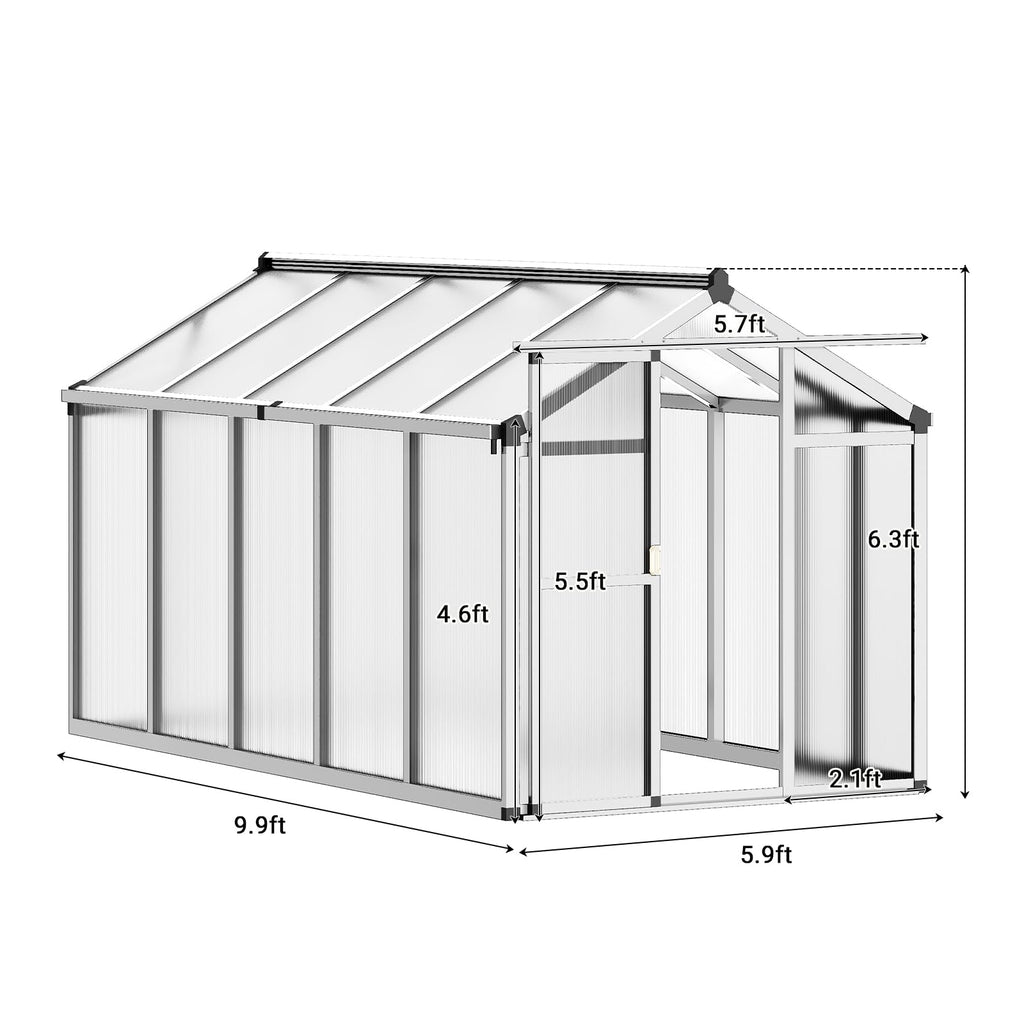 Garvee 6x10 FT Polycarbonate Greenhouse with Aluminum Frame, Lockable Door, Adjustable Roof Vent, Water Gutter System for Backyard Garden
