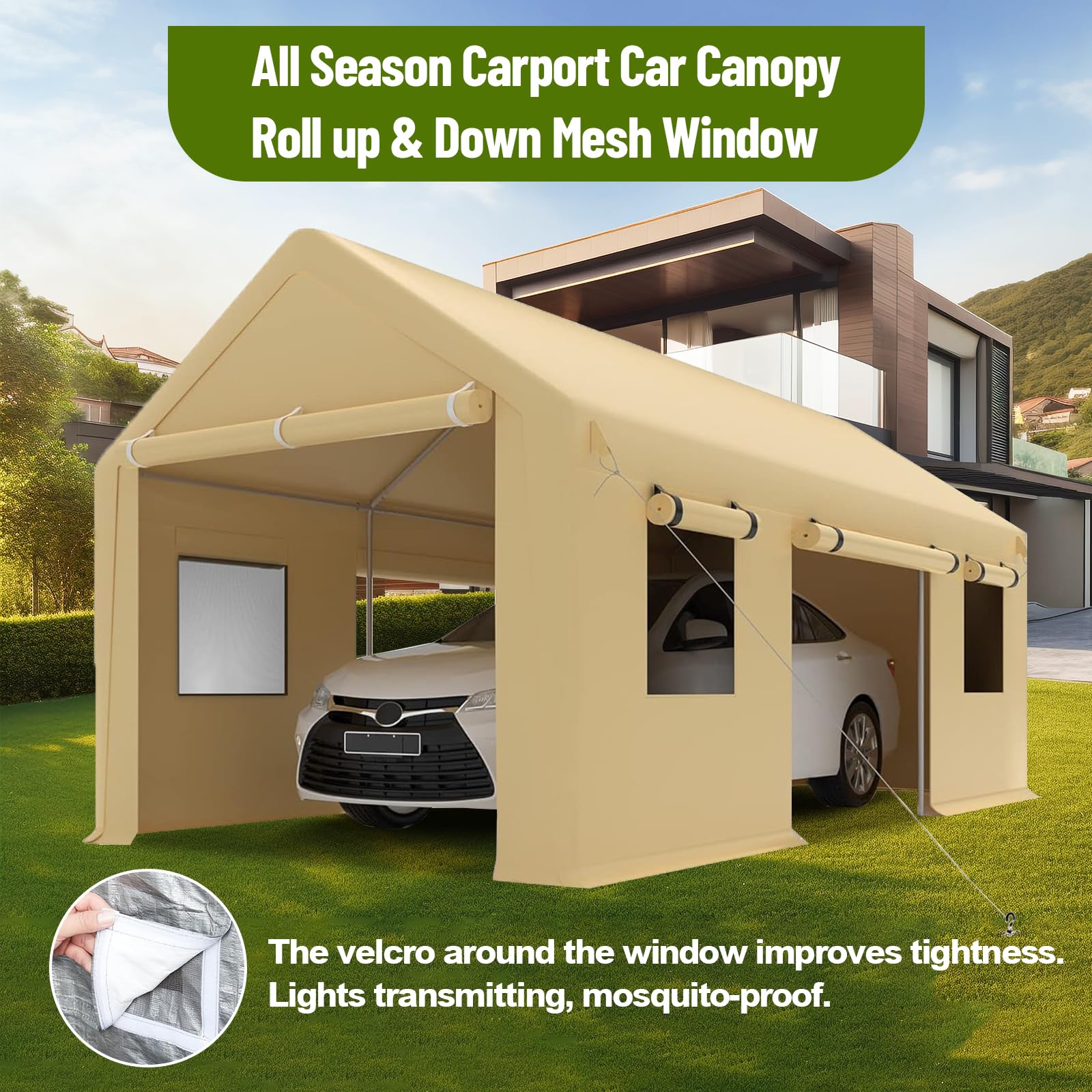 Garvee 10x20 Inch Carport Waterproof UV Resistant Roll-Up Mesh Window Heavy Duty Galvanized Steel Frame Portable Garage for Truck & Boat