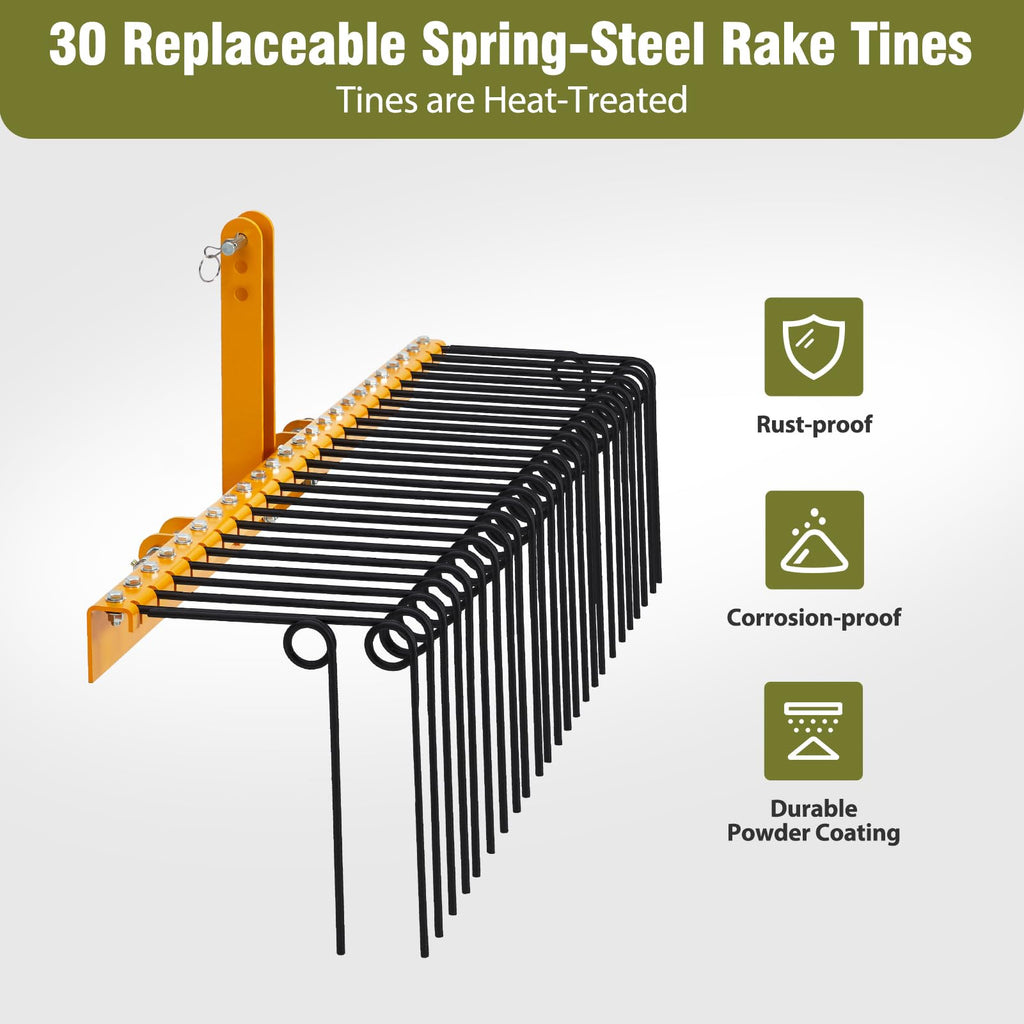 GARVEE 72" Pine Straw Rake - 30 Spring Tines, Powder Coated Steel, 3-Point Hitch Cat 0/1 (Tow Behind for Yard Cleanup/Dethatching)