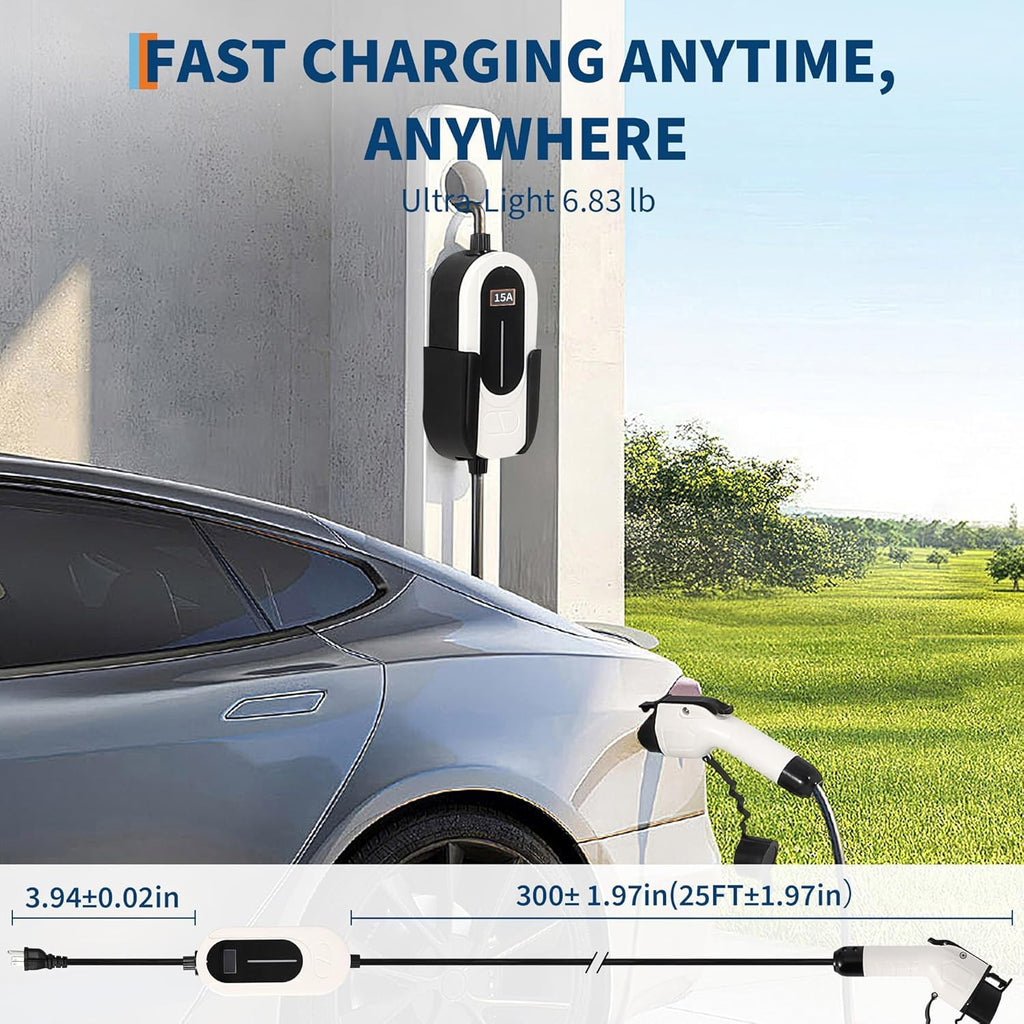 Garvee Level 1 EV Charger 15A 110V NEMA 5-15 Plug Adjustable Current & Timer UL TUV Certified 25ft Cable Portable Home Use