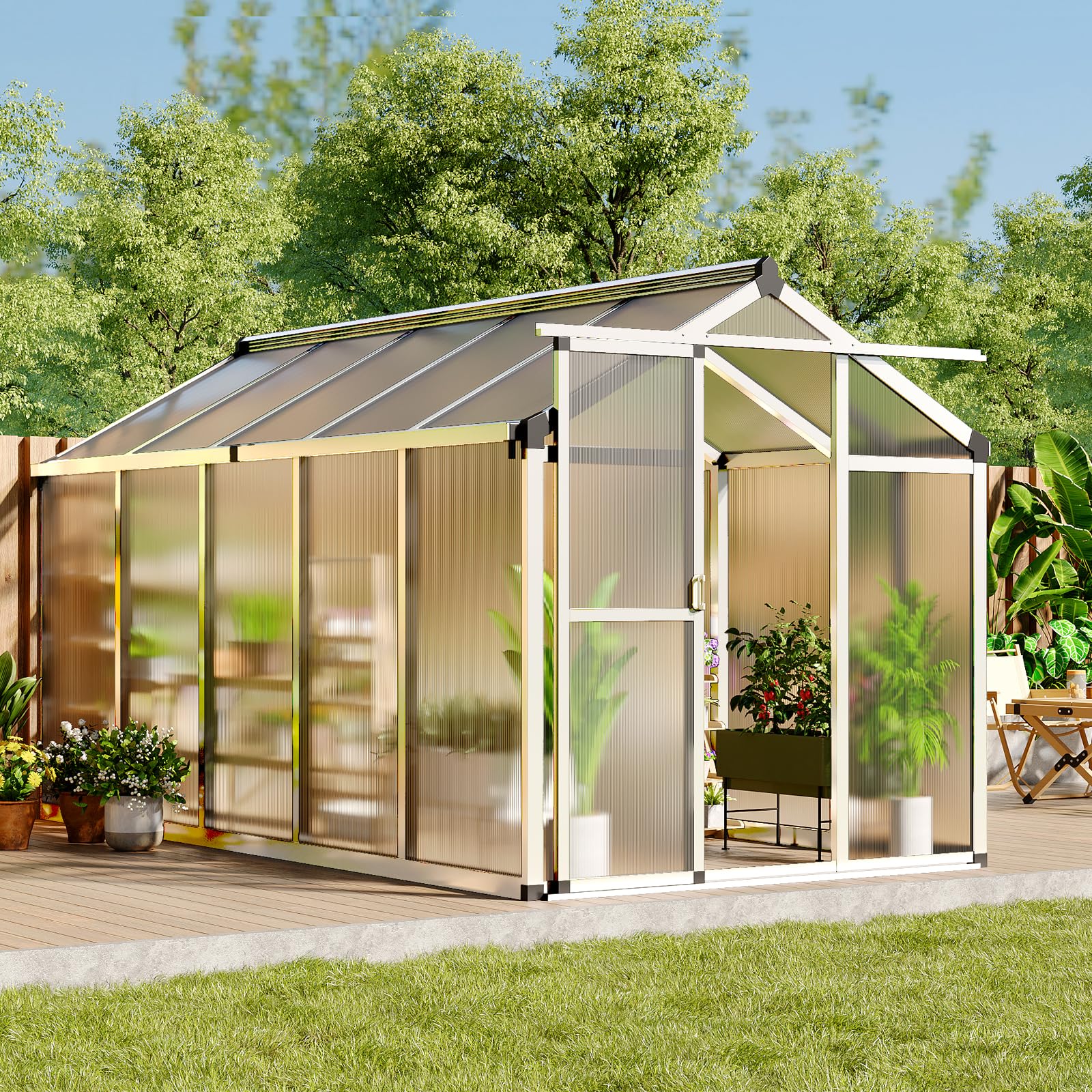 Garvee 6x10 FT Polycarbonate Greenhouse with Aluminum Frame, Lockable Door, Adjustable Roof Vent, Water Gutter System for Backyard Garden