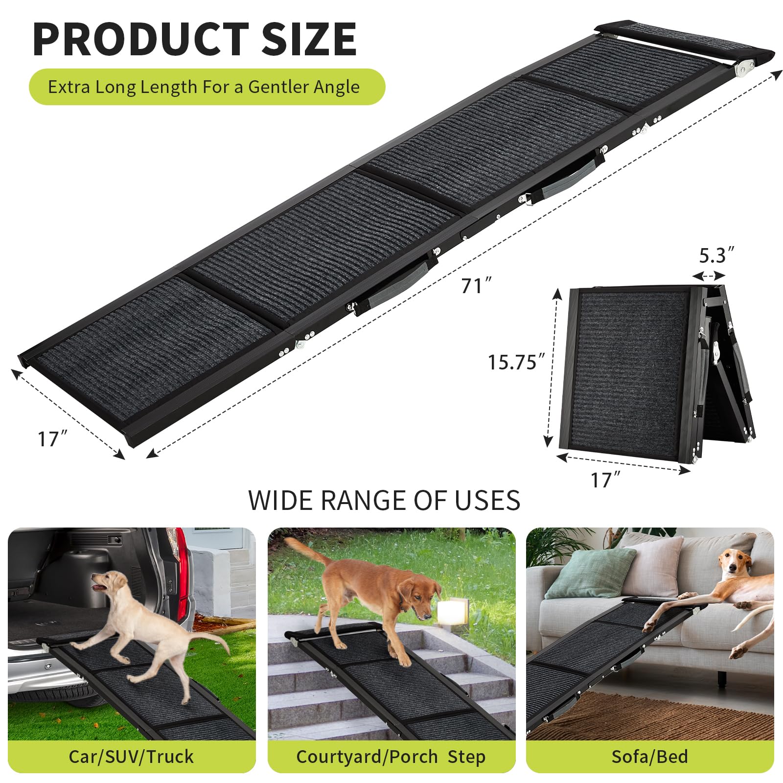 Garvee Heavy Duty Dog Ramp for Cars, 71" x 17" Folding Pet Ramp for Large Dogs with Non-Slip Surface Portable Dog Car Ramp for SUV Car, RVs & Truck, Outdoor Dog Ramp Up to 270 LBS