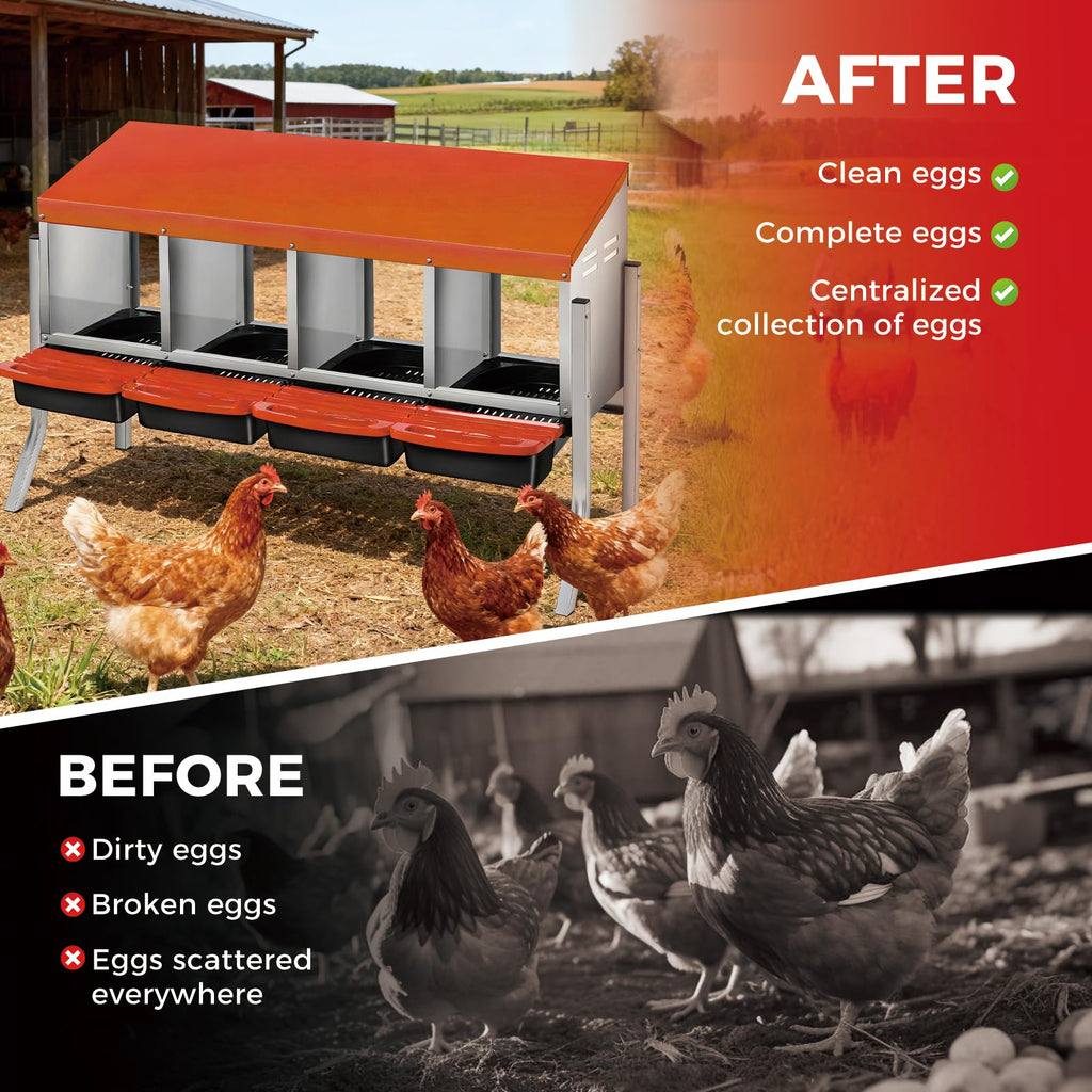 Garvee Heavy-Duty Metal Chicken Nesting Box for Easy Egg Collection - 4 Compartments with Removable Trays - Wall Mountable with Bracket Legs - Durable Poultry Coop Accessory, Orange Color, Four Grids + Bracket