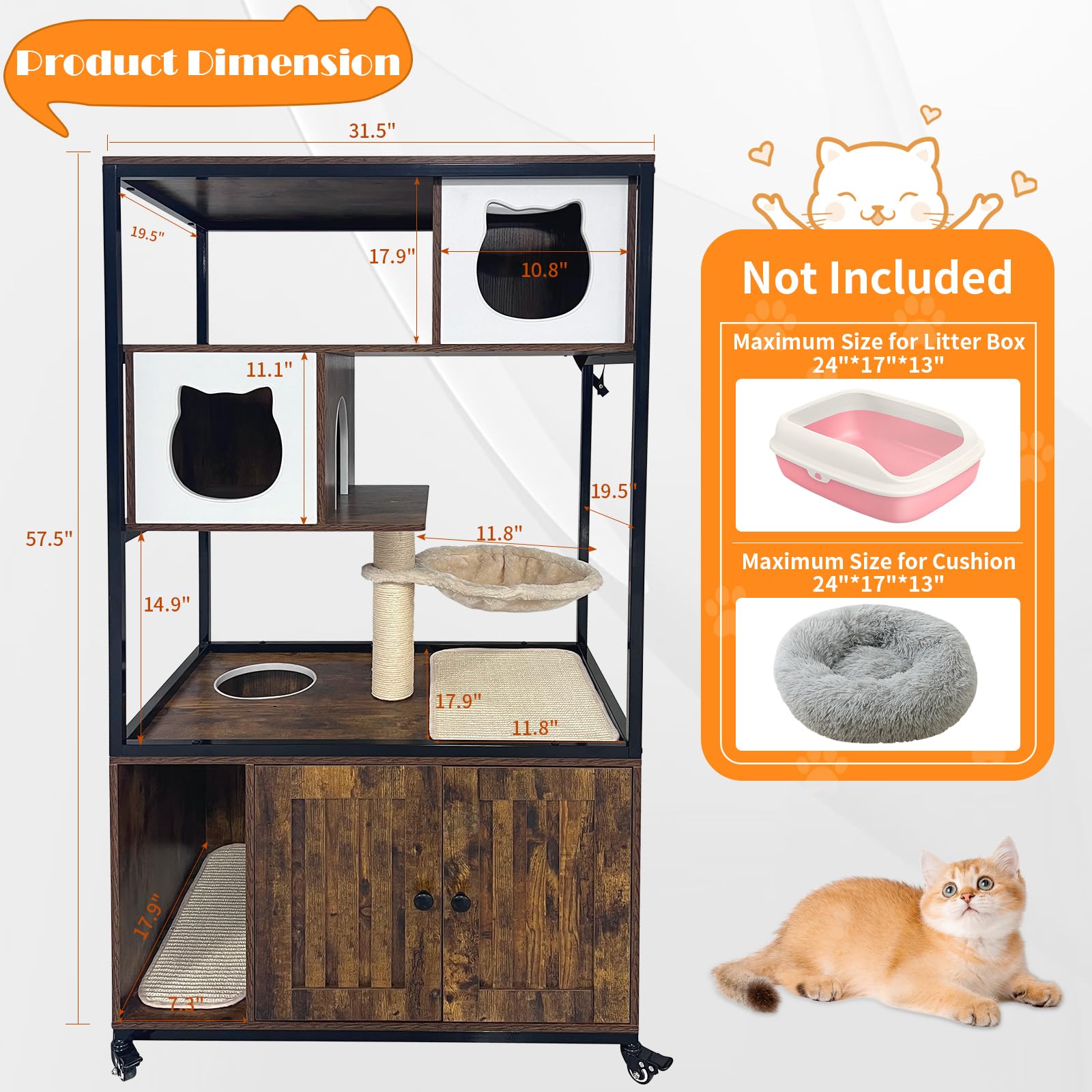 Garvee Cat Litter Box Enclosure Hidden Litter Box Multi-Level Play Area Durable Particleboard Metal Frame Anti-Tip Kit Wheels Indoor Cat Furniture