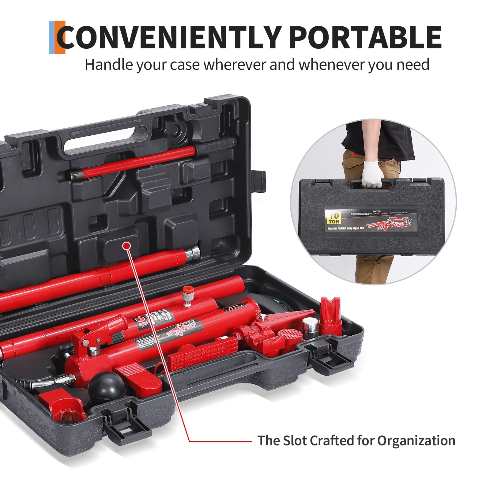 Garvee 10 Ton Porta Power Hydraulic Jack Kit with 4.6 Ft Oil Hose, Heavy Duty & Portable, HDPE Case, Automotive & Farm Use