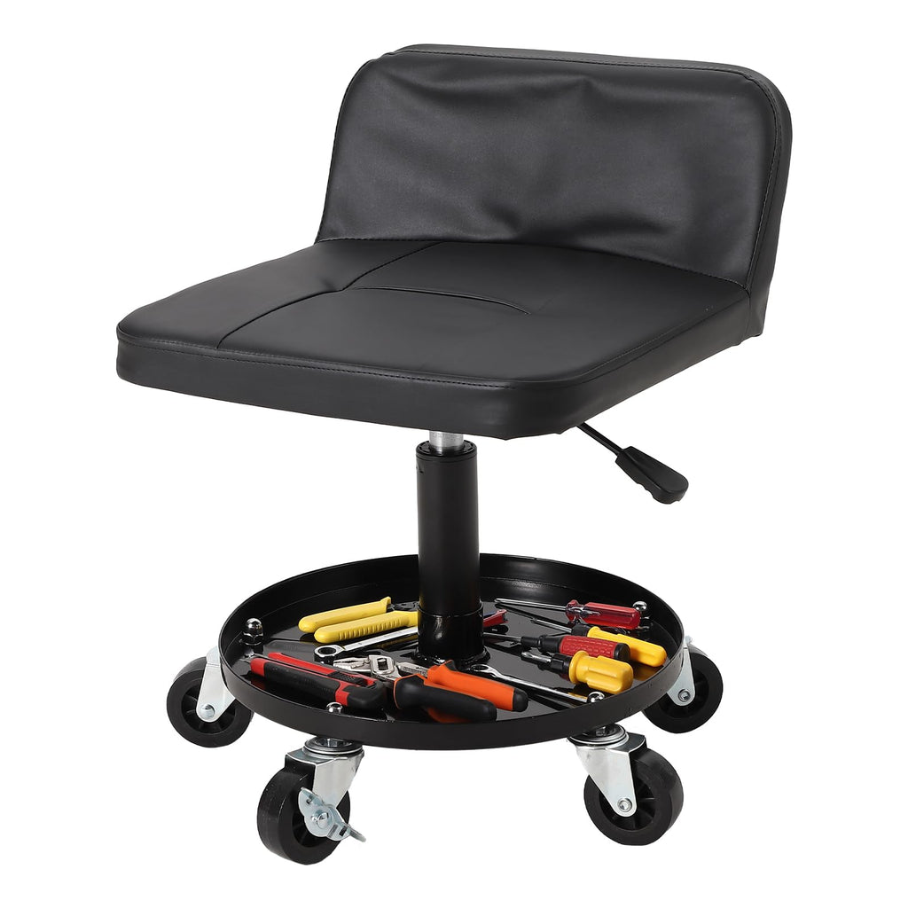 Garvee Rolling Mechanic Stool, 300 lbs Capacity, 18''-22'' Height Adjustable Soft Cushion Steel Frame 360° Lockable Wheels Tool Tray Garage Workshop, Black