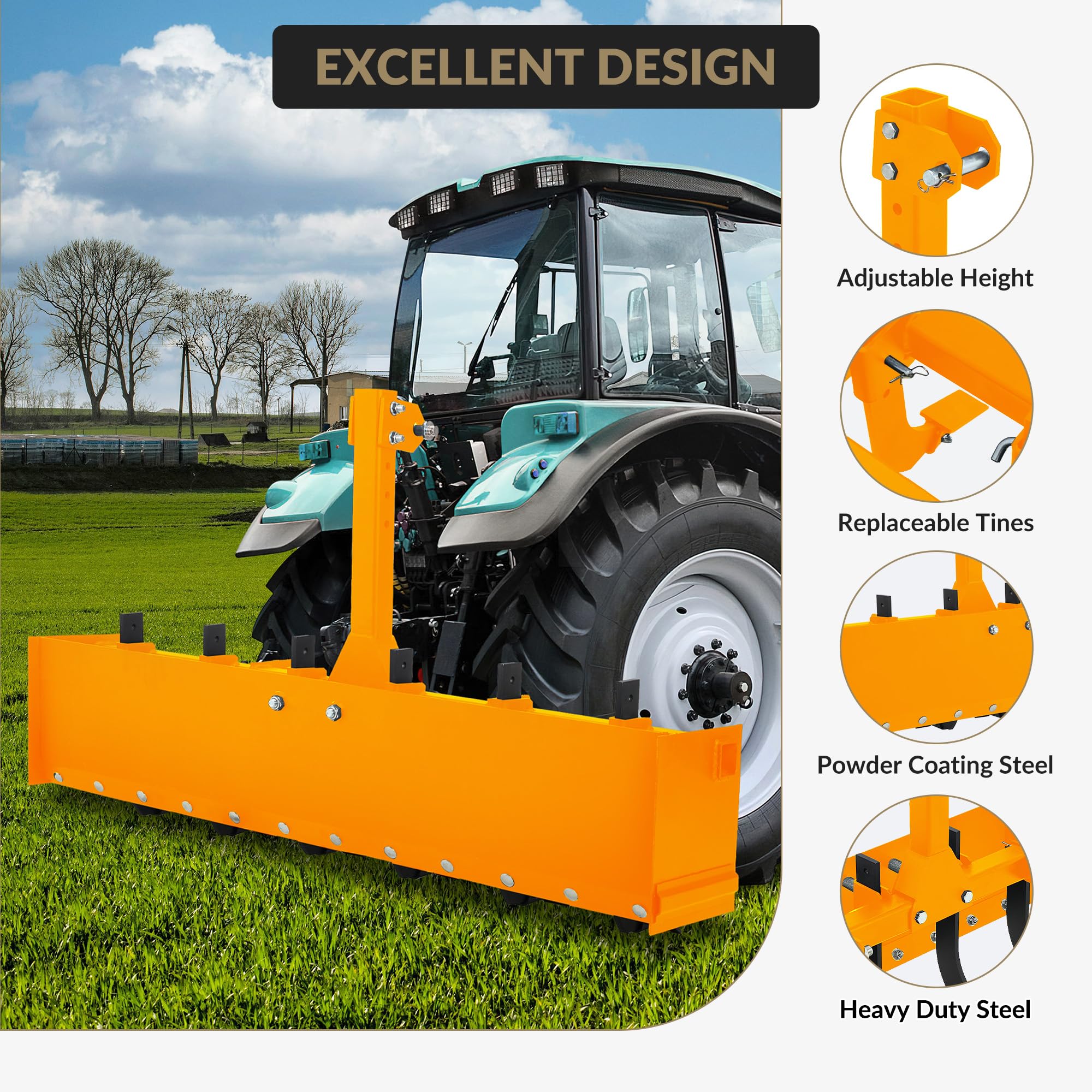 Garvee 3-Point Cultivator with Spring Steel Tines & 55" Box Scraper, Adjustable Cutting Edge, Rust-Proof Steel, Fits CAT-0 & CAT-1 Tractors, Land Leveling