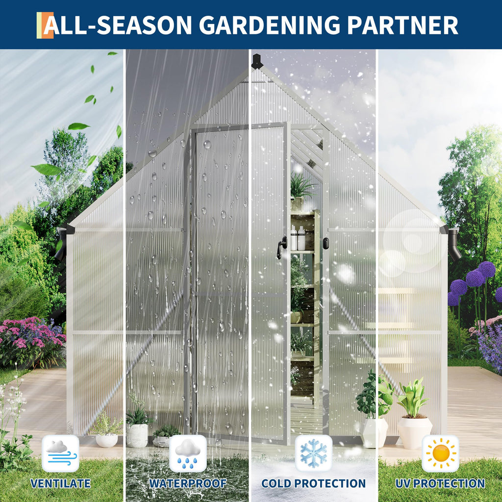 Garvee Heavy Duty 8x12 FT Polycarbonate Walk-In Greenhouse – Reinforced Aluminum Frame, Double Swing Doors, Roof Ventilation, Rain Gutter, Large Outdoor Gardening Space – Silver