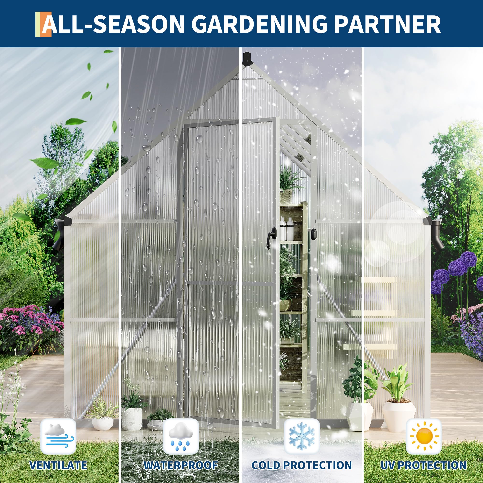 Garvee Heavy Duty 8x12 FT Polycarbonate Walk-In Greenhouse – Reinforced Aluminum Frame, Double Swing Doors, Roof Ventilation, Rain Gutter, Large Outdoor Gardening Space – Silver