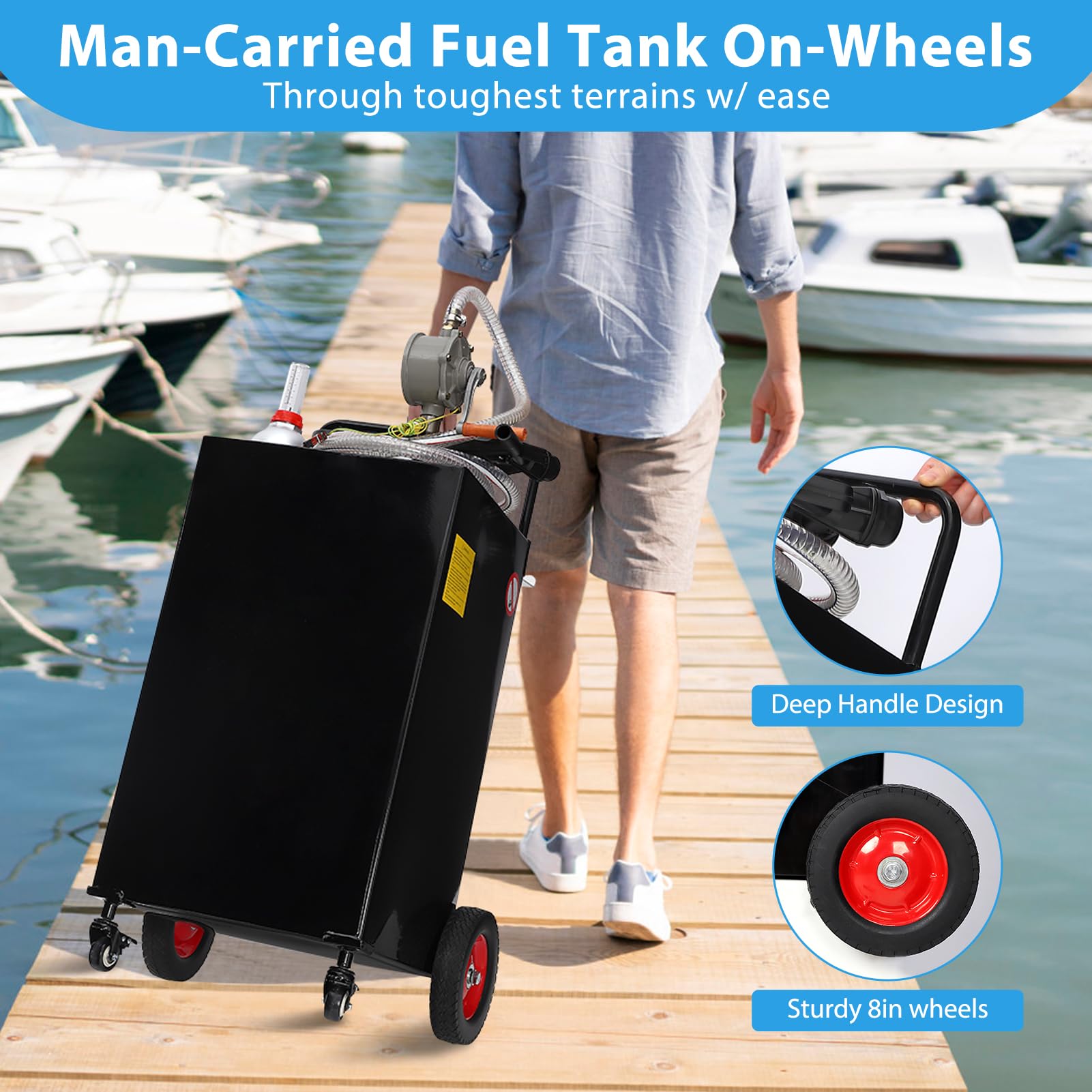Garvee 30 Gallon Portable Fuel Caddy Stainless Steel Manual Pump Anti-Leak Clear Gauge Wheels Outdoor Use