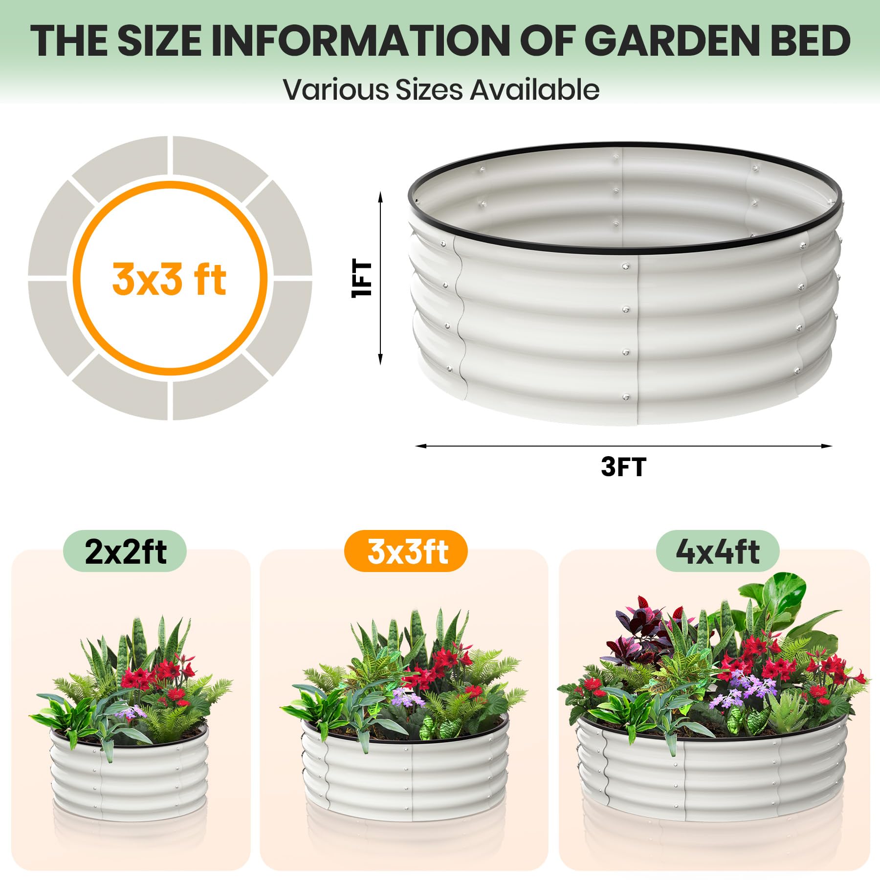 Garvee Round Galvanized Raised Garden Bed 2FT-4FT Durable Steel Wave Design Open Bottom Safety Corners Balcony Backyard