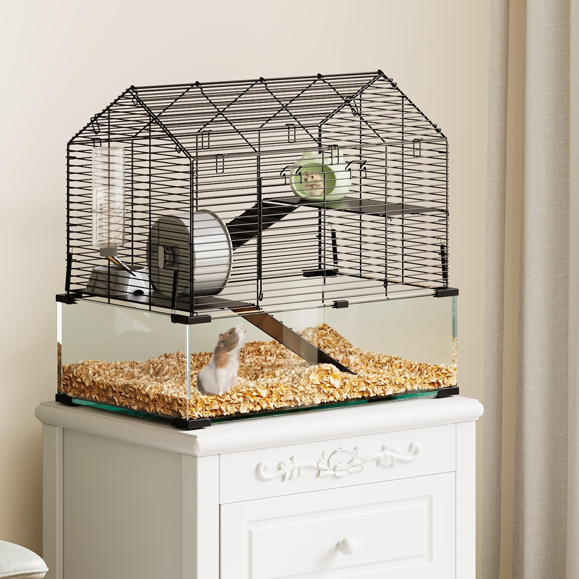 Garvee 3-Tier Hamster Cage for Syrian & Dwarf Hamsters - Multi-Level Habitat with Silent Wheel & Chew-Proof Bottle - Metal & Tempered Glass - Scratch-Resistant, Tool-Free Assembly - Compact Apartment Fit