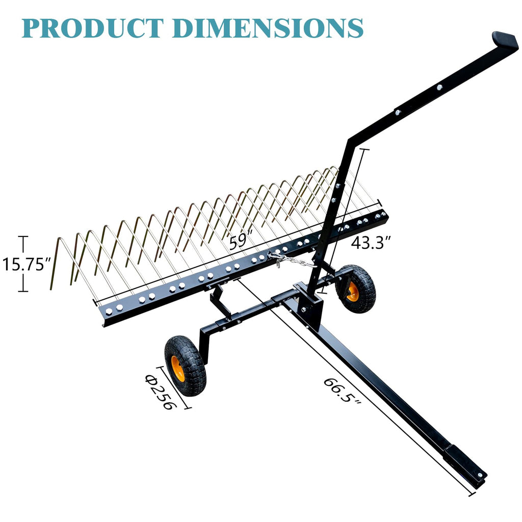 Garvee 60" Tow Behind Dethatcher with 24 Steel Tines, Pneumatic Tires, Alloy Steel, Lift Handle, Pin Hitch for Lawn Tractor, Garden and Farm Use