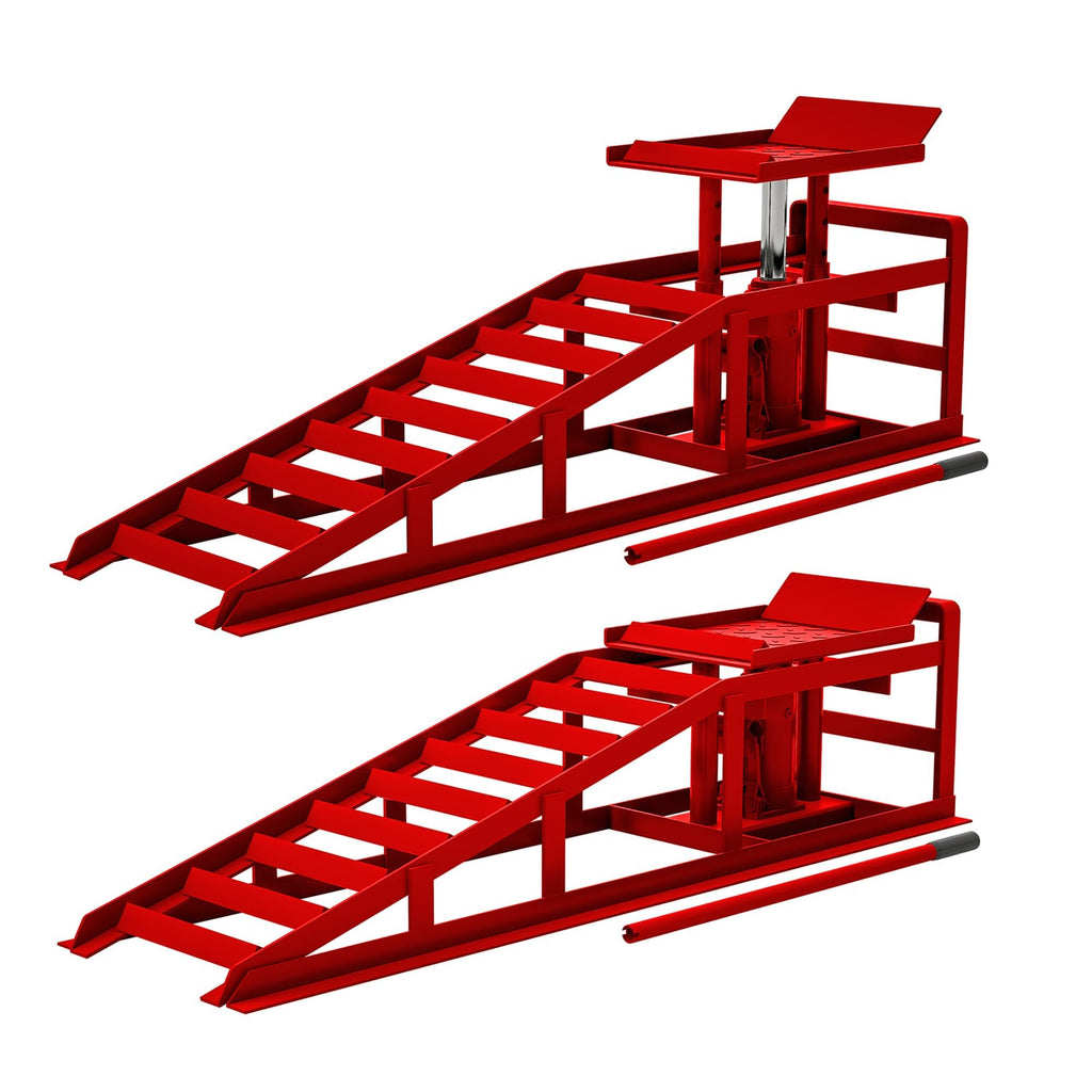 Garvee 2-Pack Hydraulic Car Ramps - 3-Ton Heavy-Duty Steel with Adjustable Height, Wide Incline, and Low Profile for Vehicle Maintenance and Garage Use, Red