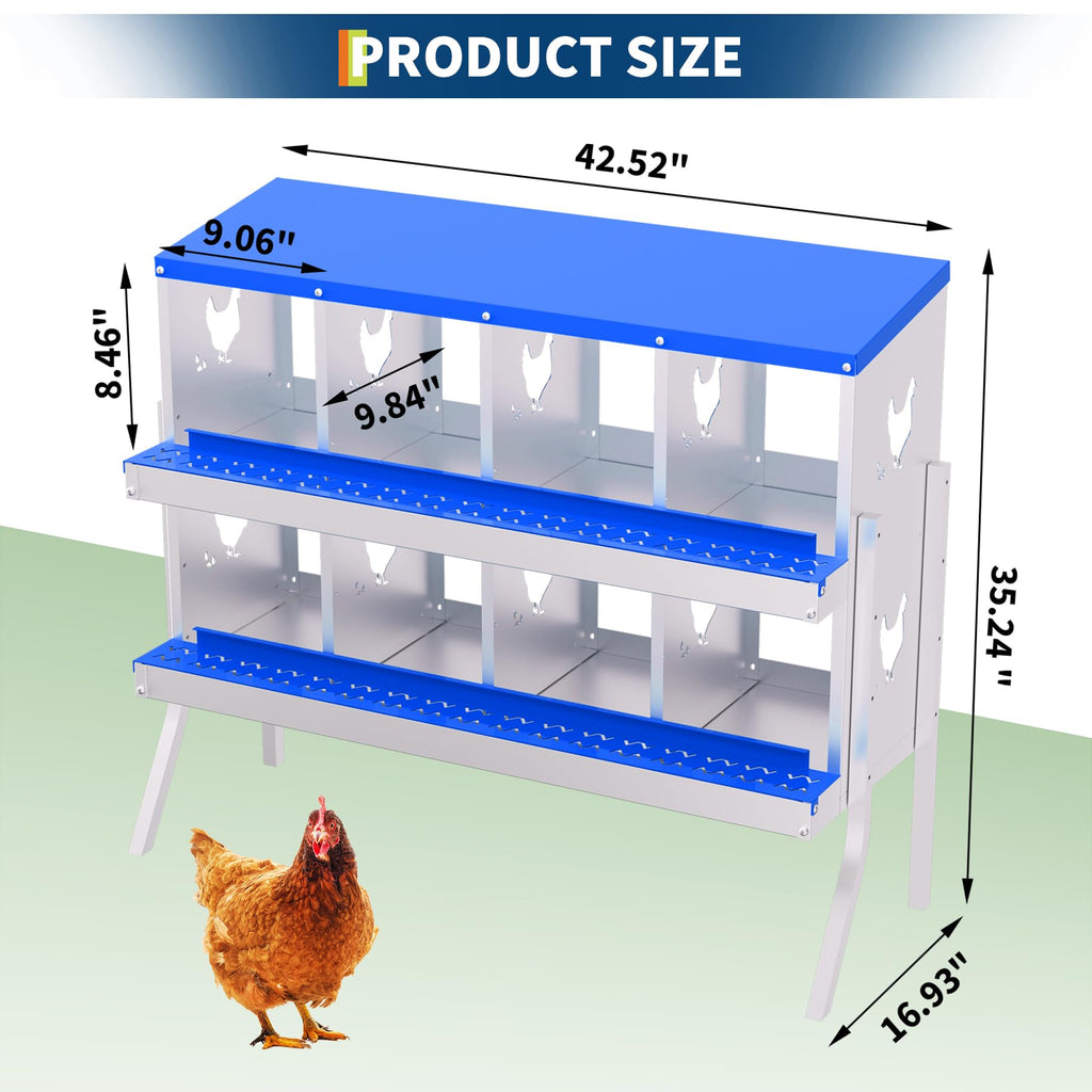 Garvee 8-Hole Bracket Legs Chicken Nesting Box Galvanized Steel Rustproof Automatic Egg Collection Ventilated Easy Install Wall or Freestanding for Chicken Coop Blue