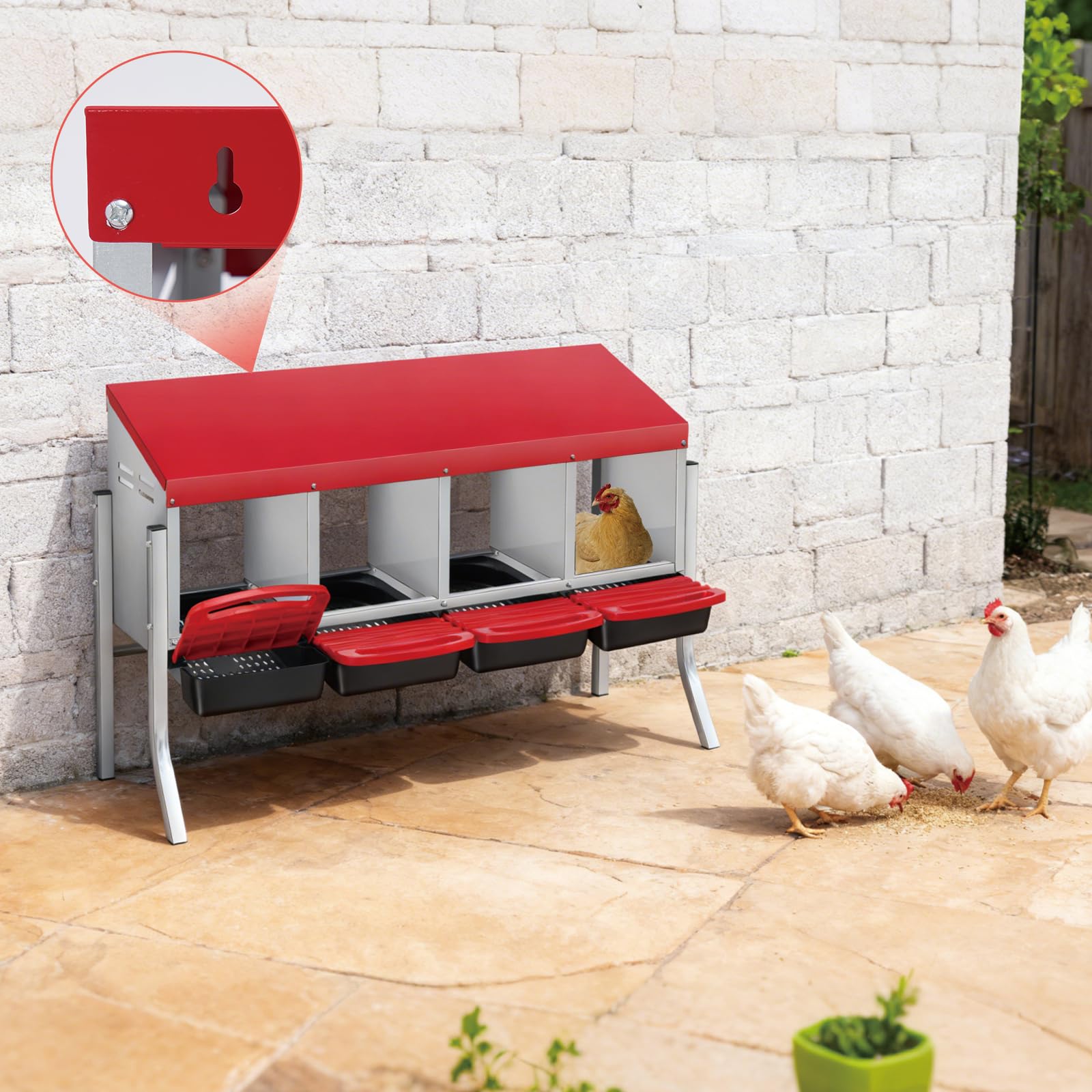 Garvee Heavy-Duty Metal Chicken Nesting Box for Easy Egg Collection - 4 Compartments with Removable Trays - Wall Mount or Stand - Ideal for Backyard Poultry, Red, Four Grids + Bracket