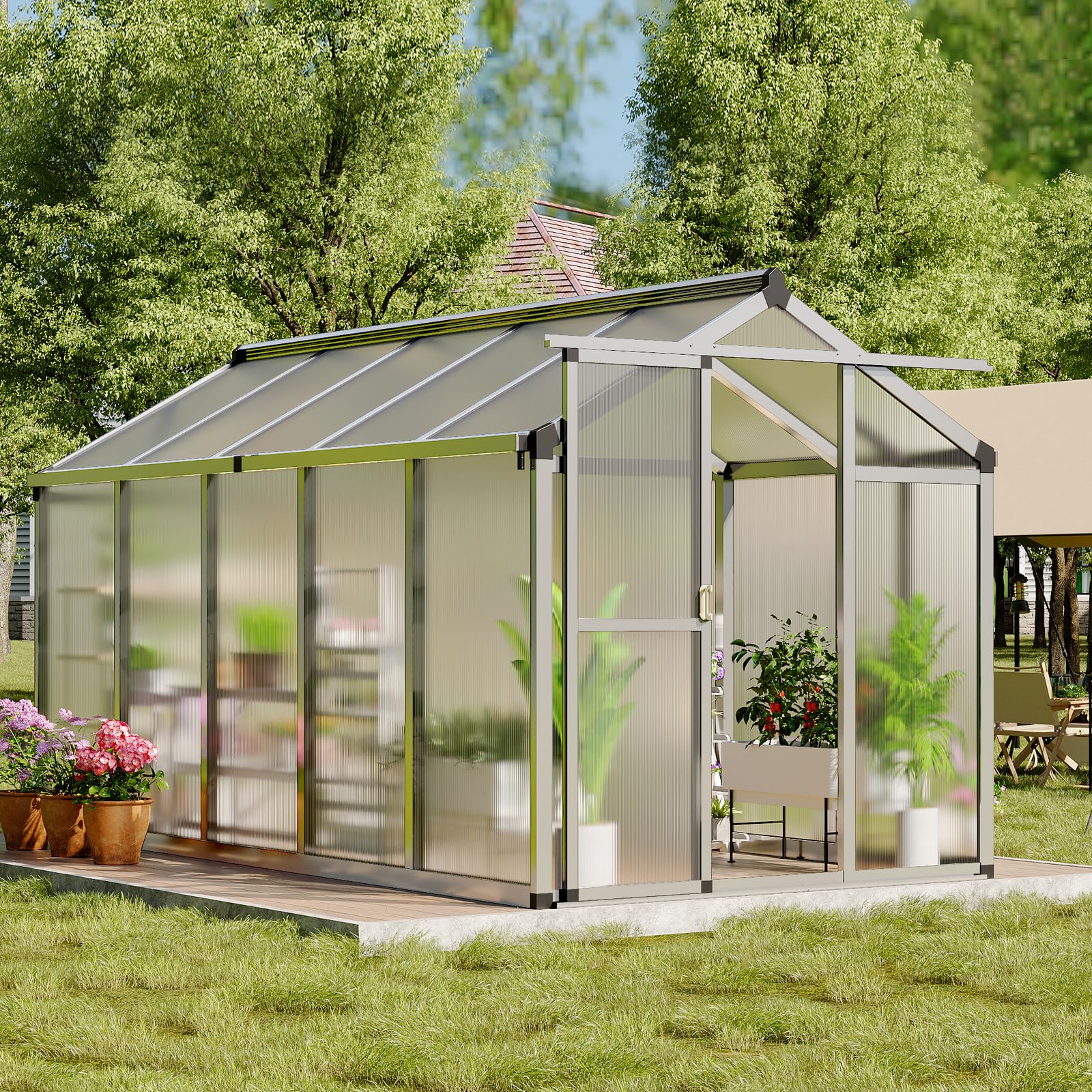 Garvee 6x10 FT Polycarbonate Greenhouse with Aluminum Frame, Lockable Door, Adjustable Roof Vent, Water Gutter System for Backyard Garden