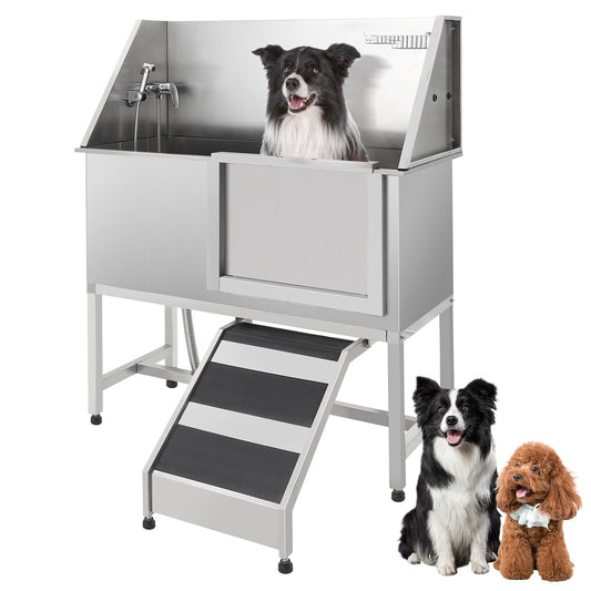 Garvee Pet Dog Bathing Station 60" Stainless Steel Grooming Tub with Adjustable Height & Stairs, Soap Box, Faucet for Large to Small Dogs, Home Use