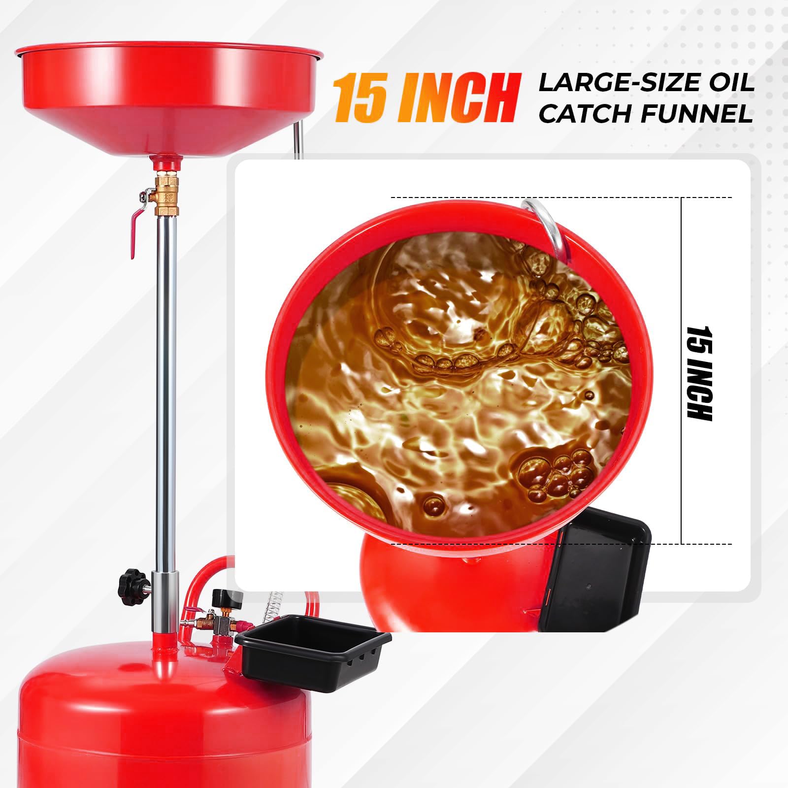 Garvee 8 Gal Portable Waste Oil Drain Change Tank, 15 in Funnel, Adjustable Height 28"-62", 360° Wheels, Built-in Toolbox for Auto Repair, Red