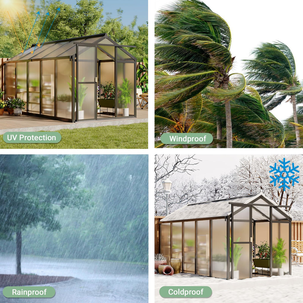 Garvee Outdoor Polycarbonate Greenhouse with Roof Vent & Sliding Lockable Door, Aluminum Frame, Water Gutter Drainage, Black, 6x10FT, Garden Patio Lawn
