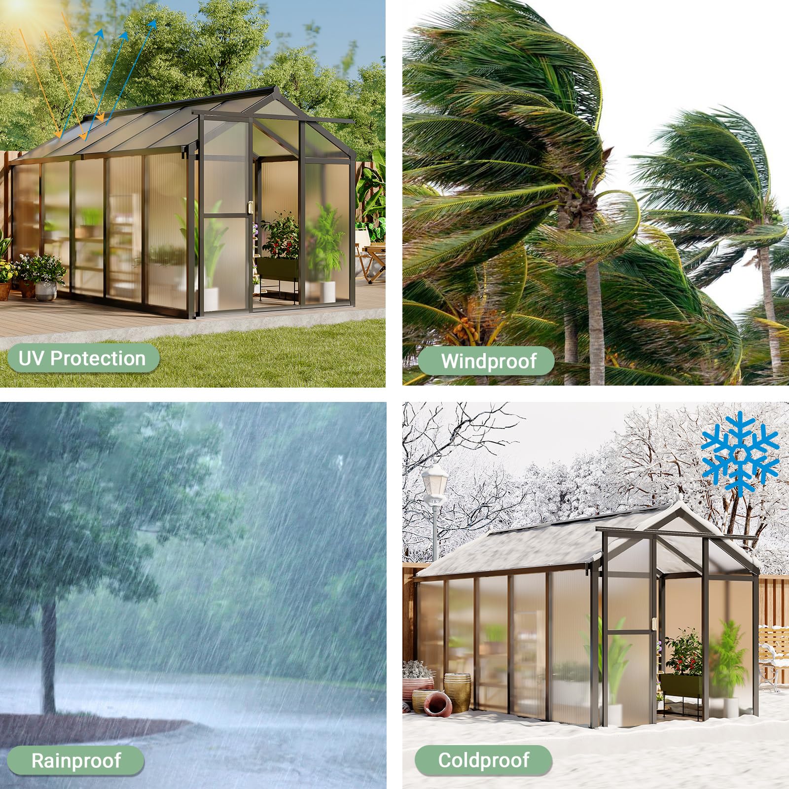 Garvee Outdoor Polycarbonate Greenhouse with Roof Vent & Sliding Lockable Door, Aluminum Frame, Water Gutter Drainage, Black, 6x10FT, Garden Patio Lawn
