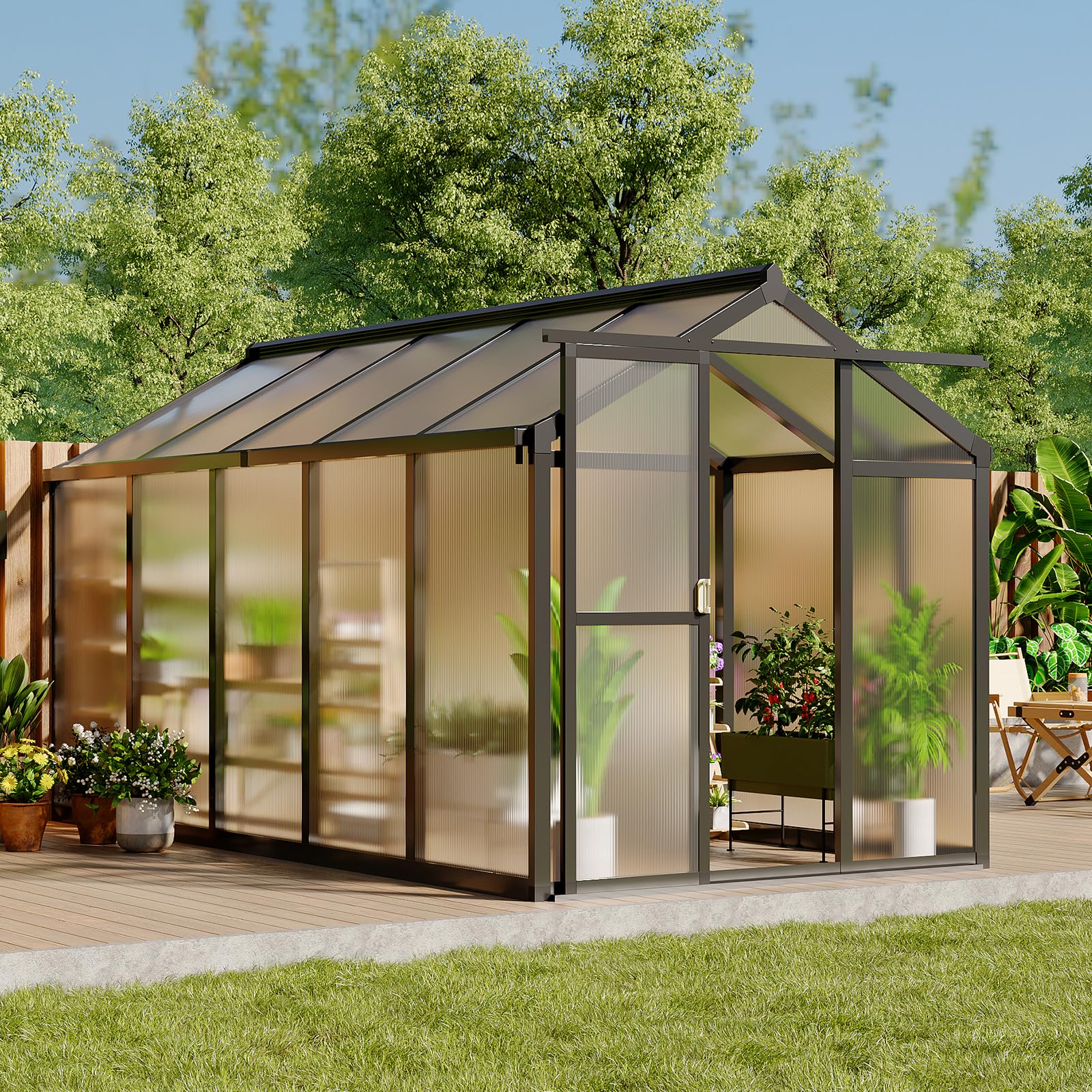 Garvee Outdoor Polycarbonate Greenhouse with Roof Vent & Sliding Lockable Door, Aluminum Frame, Water Gutter Drainage, Black, 6x10FT, Garden Patio Lawn