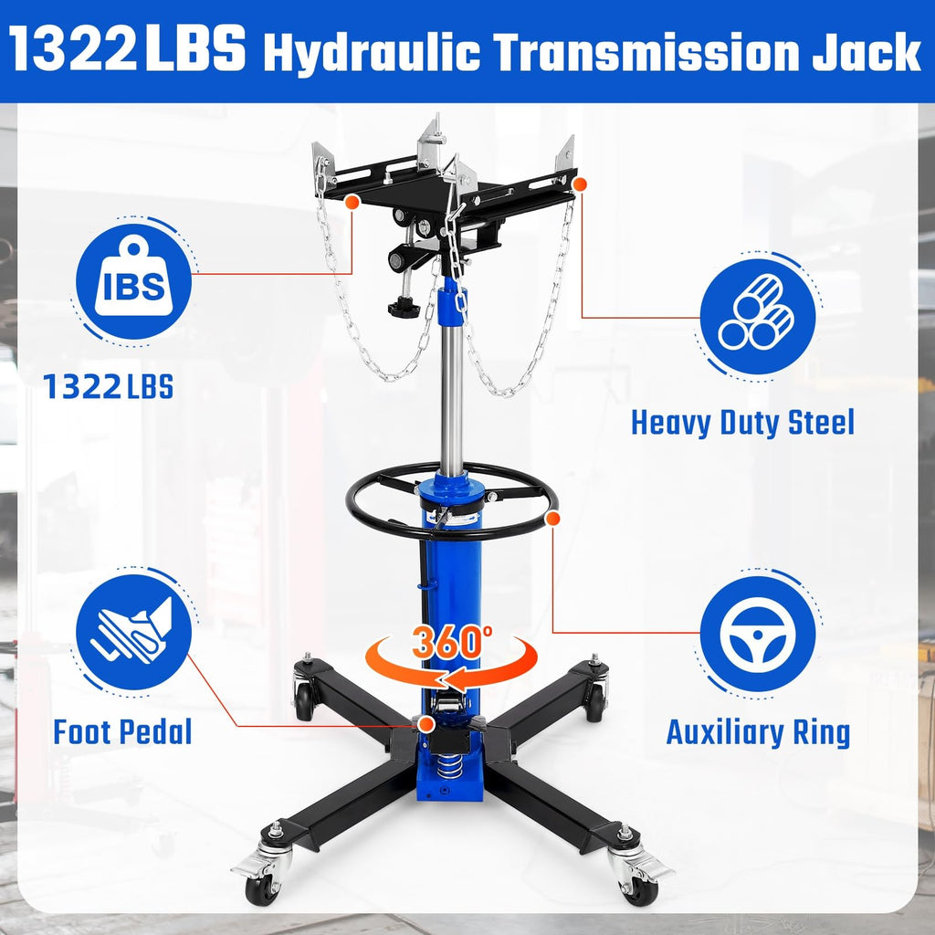 Garvee Transmission Jack 1322 lbs Capacity 2-Stage Hydraulic Steel 360° Swivel Wheels Foot Pedal Adjustable 34-68" Garage Use