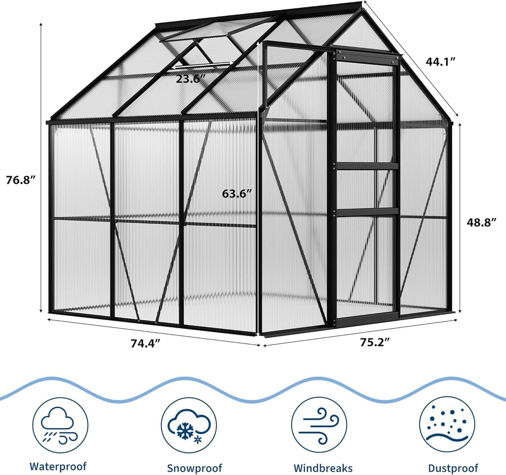 Garvee 6x6 FT Black Polycarbonate Greenhouse Kit – Walk-In Aluminum Frame, Lockable Door, Adjustable Roof Vent, Weather-Resistant, Easy Assembly, Gutter System for Outdoor Garden, Patio, Backyard
