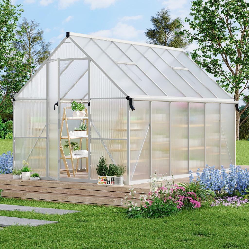 Garvee Heavy Duty 8x12 FT Polycarbonate Walk-In Greenhouse – Reinforced Aluminum Frame, Double Swing Doors, Roof Ventilation, Rain Gutter, Large Outdoor Gardening Space – Silver