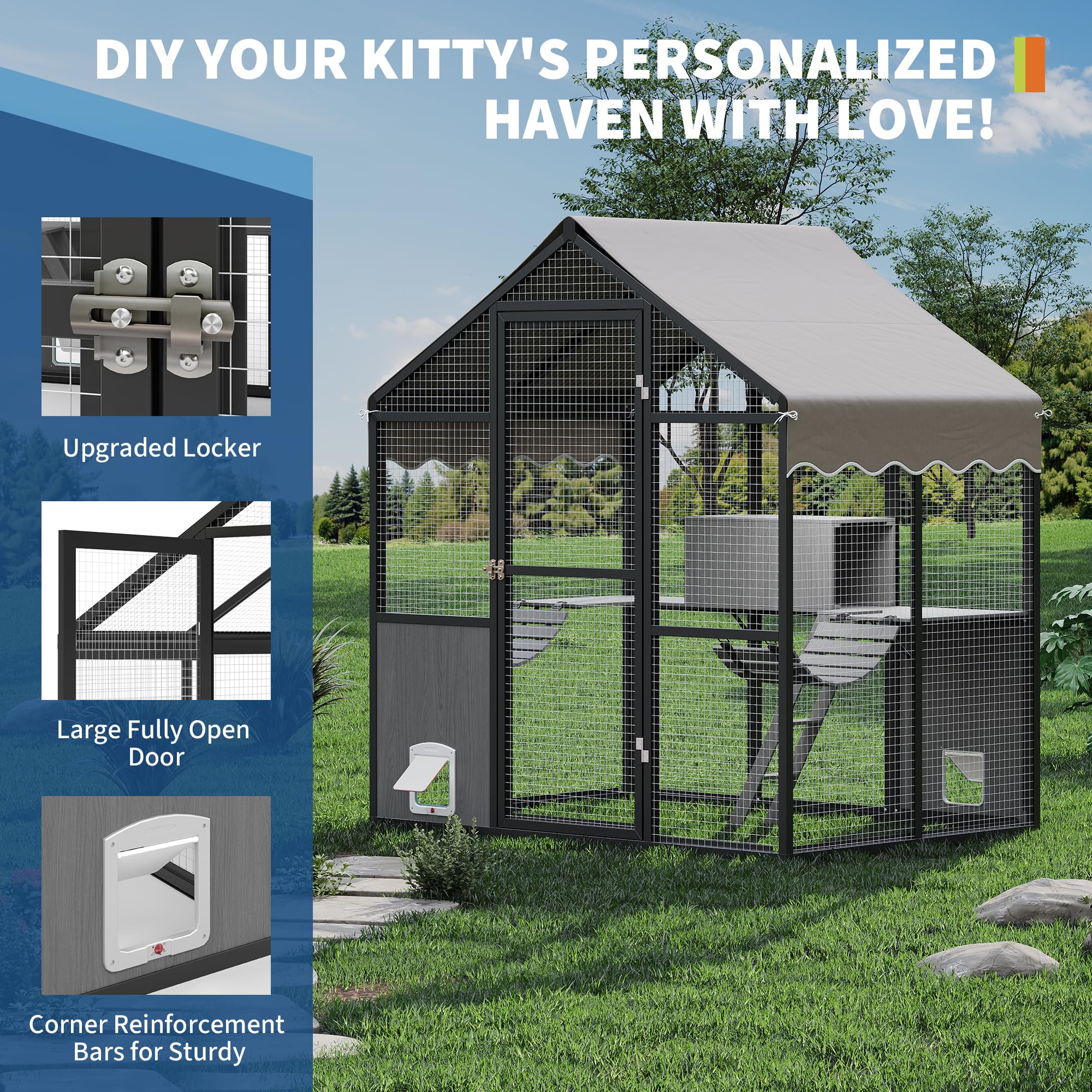Garvee Catio Outdoor Cat Enclosure, Large Catio with Weatherproof Roof, Channels & Side Door, UV Proof Cover, Huge Condo, Platform, Aluminum Outdoor Cat Enclosure, 70"Lx48"Wx76"H