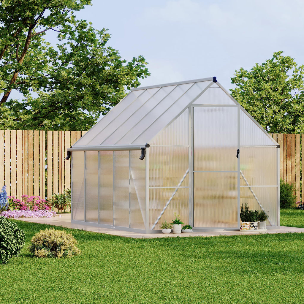 Garvee 8' × 10' Polycarbonate Greenhouse, Walk-In Aluminum Greenhouse with Lockable Door, Roof Vent, Rain Gutters & Reinforced Frame, Silver
