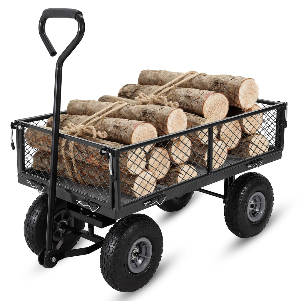 Garvee Heavy Duty Garden Cart Folding Utility Wagon 500LB Capacity Mesh Steel Waterproof Liner Adjustable Handle 10 Inch Tire for Outdoor Work