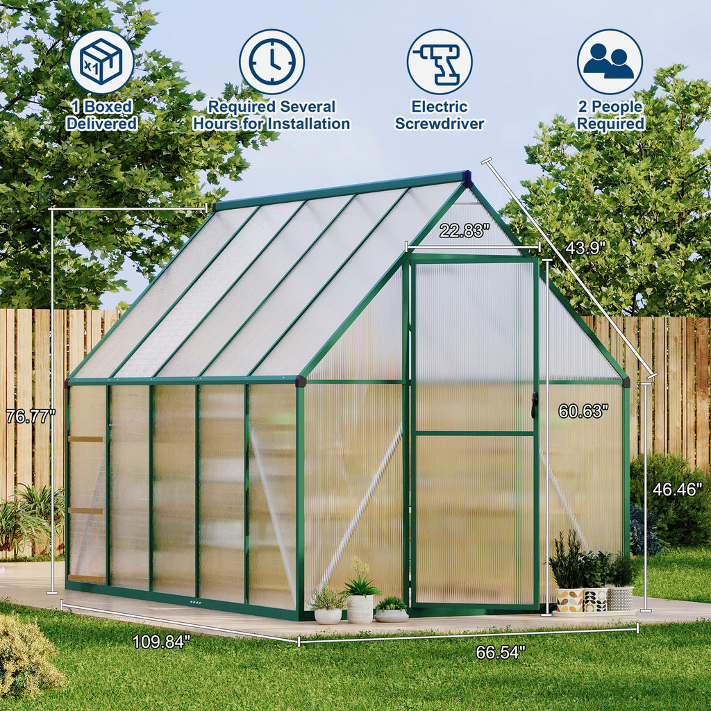 Garvee Heavy Duty 6x9 FT Polycarbonate Walk-In Greenhouse - Aluminum Frame, Double Swing Doors, Roof Vent, Rain Gutter, Quick Easy Setup, for Garden Plants, Green