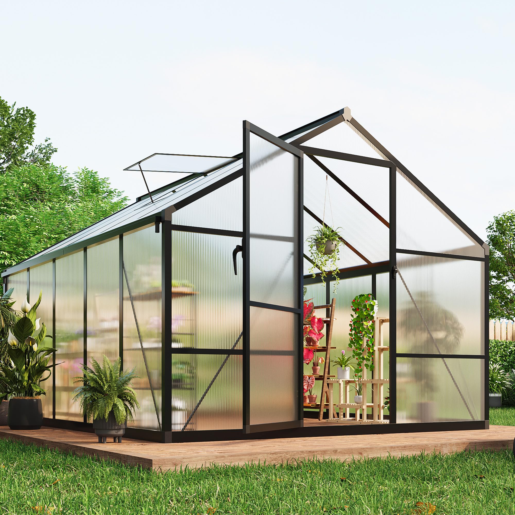 Garvee 8' × 10' Polycarbonate Greenhouse, Walk-In Garden House with Roof Vent, Black