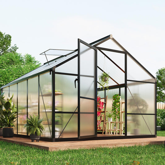 Garvee 8' × 10' Polycarbonate Greenhouse, Walk-In Garden House with Roof Vent, Black