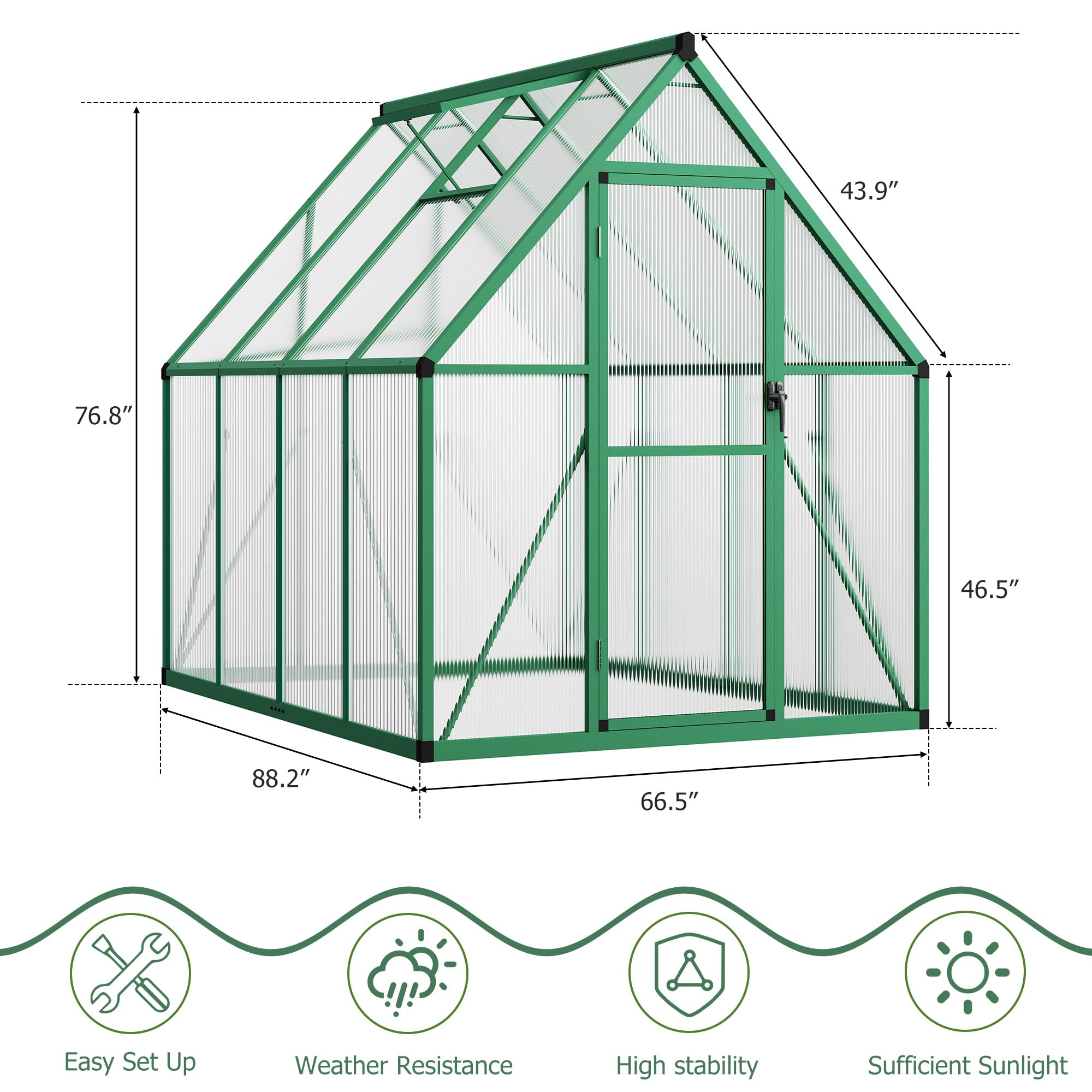 Garvee Heavy Duty 6x7 FT Polycarbonate Walk-In Greenhouse – Reinforced Aluminum Frame, Lockable Door, Adjustable Roof Vent, Quick Assembly – Ideal for Outdoor Patio, Backyard, Garden – Green