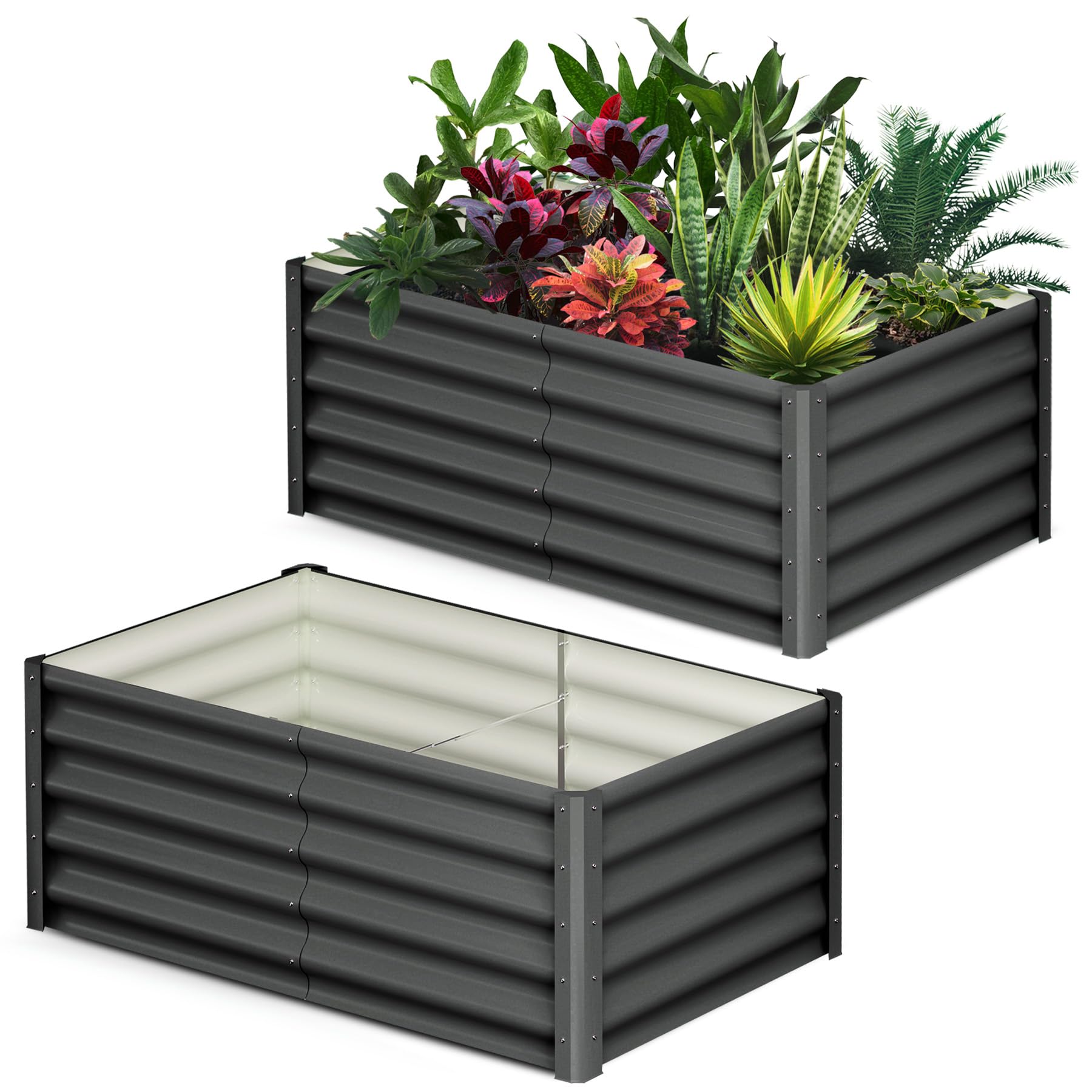 Garvee Raised Garden Bed Set of 2 6x3x1.5FT Galvanized Metal Durable Stability Open Base Safety Edge Dark Gray for Patios Yards Gardens