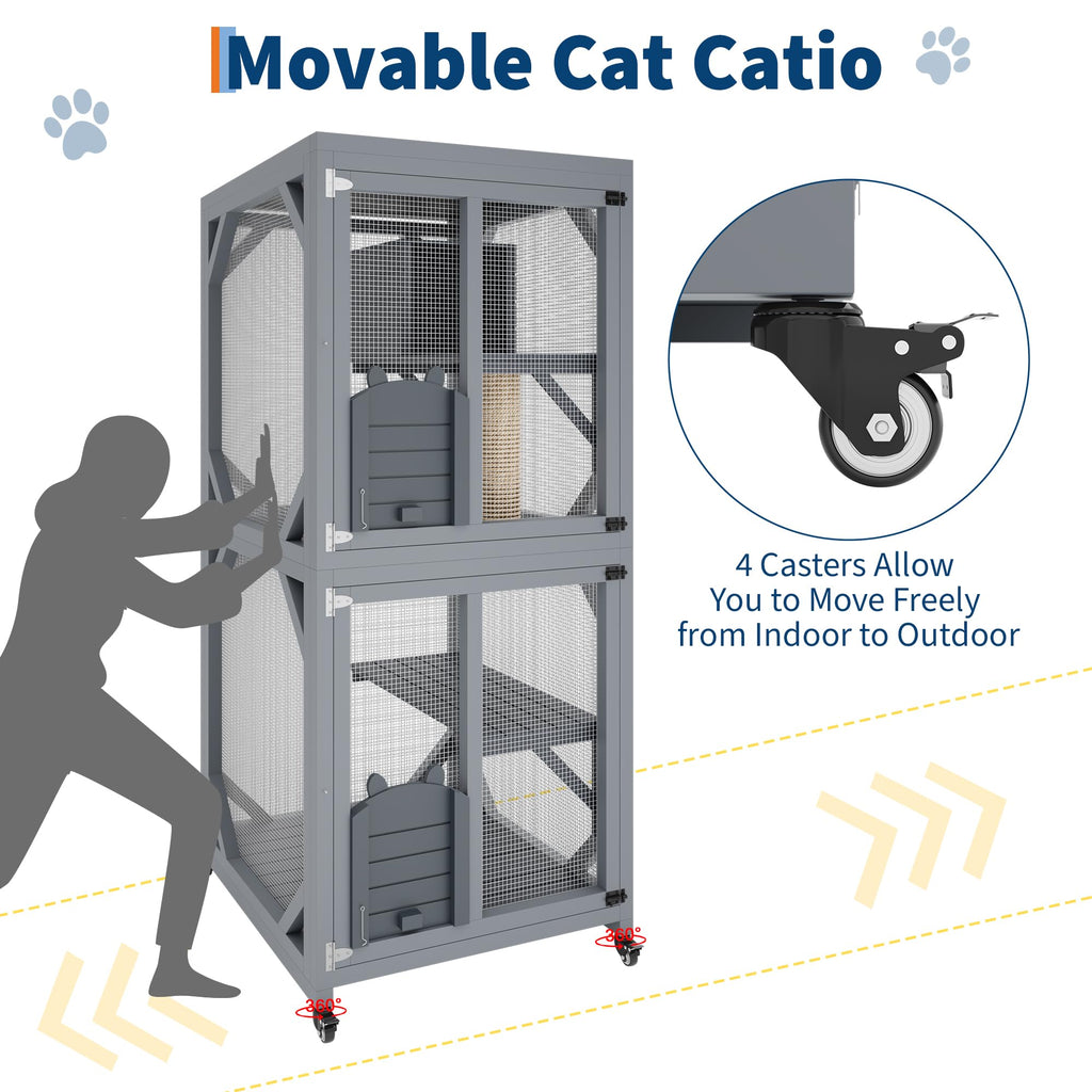 Garvee 4 Tier Wood Catio Outdoor Window Cat Enclosure with Scratch Post & Resting Box, Weatherproof Roof, Lockable Casters, Dual Sliding Doors, Indoor-Outdoor Playpen
