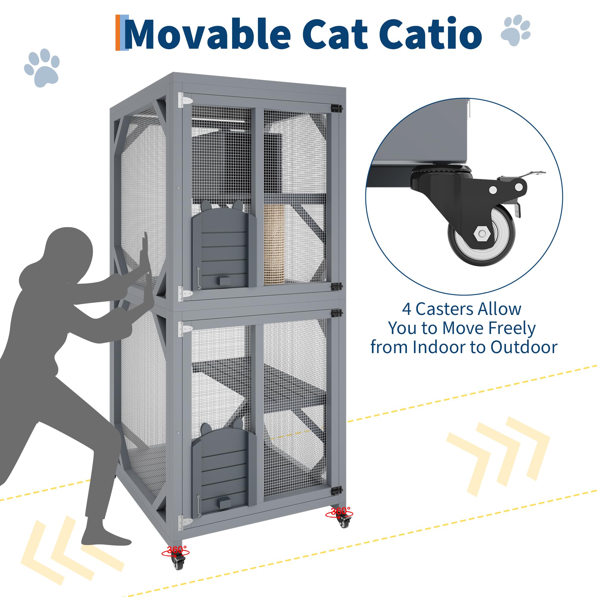 Garvee 4 Tier Wood Catio Outdoor Window Cat Enclosure with Scratch Post & Resting Box, Weatherproof Roof, Lockable Casters, Dual Sliding Doors, Indoor-Outdoor Playpen
