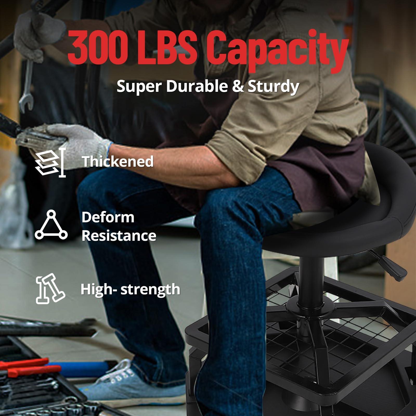 Garvee 330LBS Rolling Shop Stool Heavy-Duty Mechanic Stool With Casters For Garage, Comfortable Support, Black