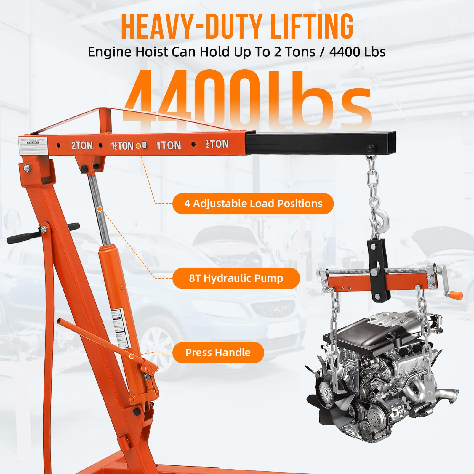 Garvee 2 Ton Folding Hydraulic Engine Hoist with Lever, Heavy-Duty Steel, 6 Wheels, Adjustable Boom, Compact Foldable Design for Garage Workshop