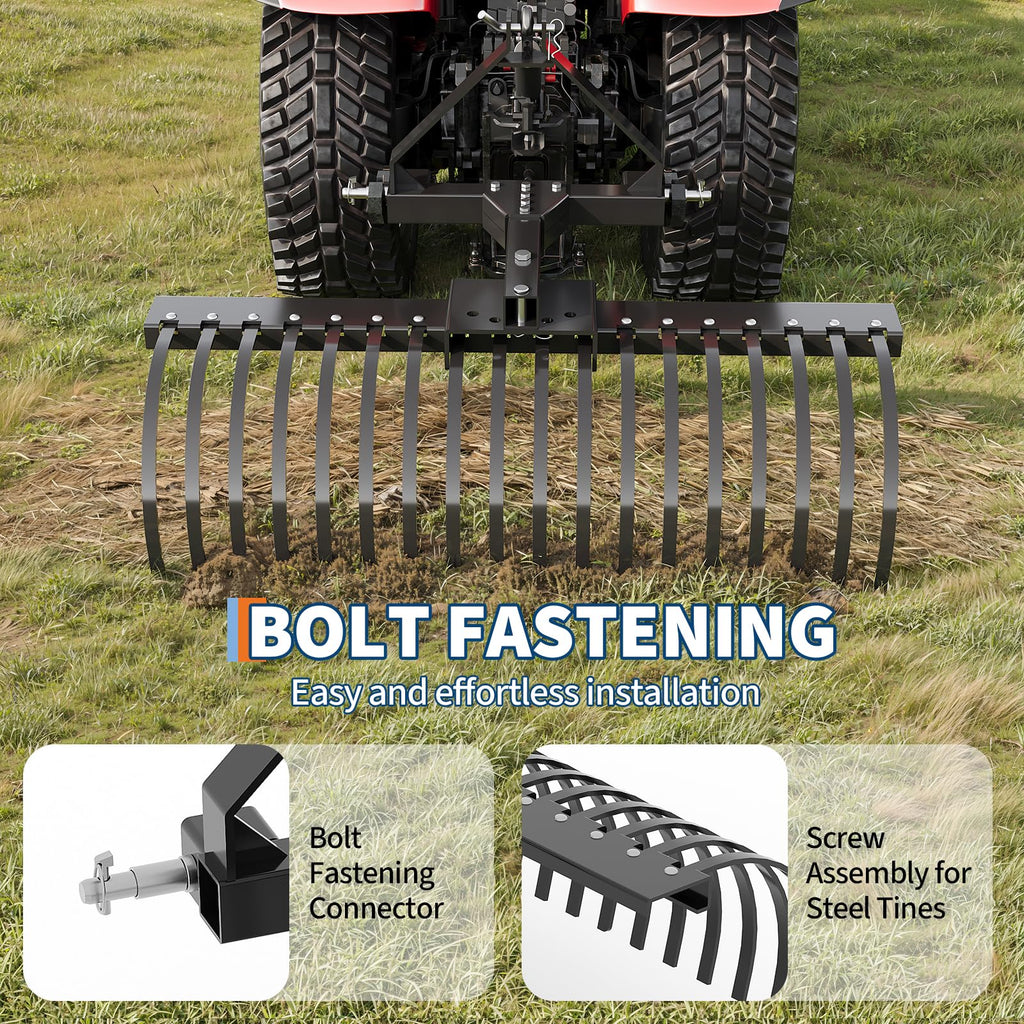 Garvee Tow Behind Dethatcher, 50-inch Tow Dethatcher with 18 Steel Tines, 3-Point Lawn Dethatcher Rake with Attachments for Tractor, Landscape Rake for Garden, Farm, Grass
