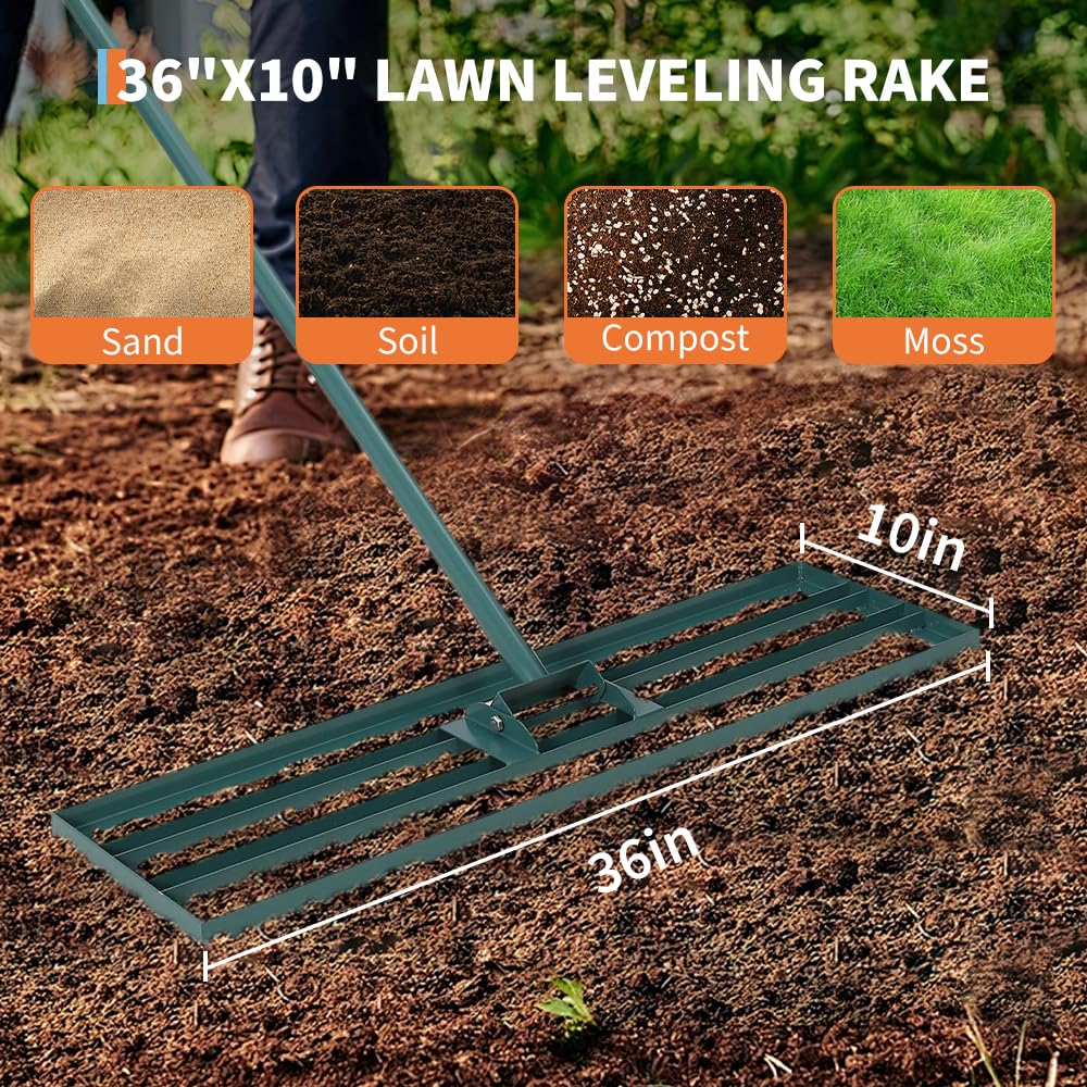 Garvee Lawn Leveling Rake 36"x10" Handle 6' Heavy-Duty Steel Handle Rust-Resistant Ergonomic Grip Garden Golf Farm