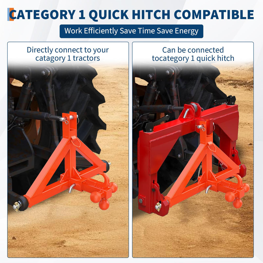 Garvee 3 Point Trailer Hitch for Tractor with 2" Receiver and Towing Ball, Heavy Duty Steel, Quick Hitch Compatible, Category 1, Compact & Full-Size Tractors