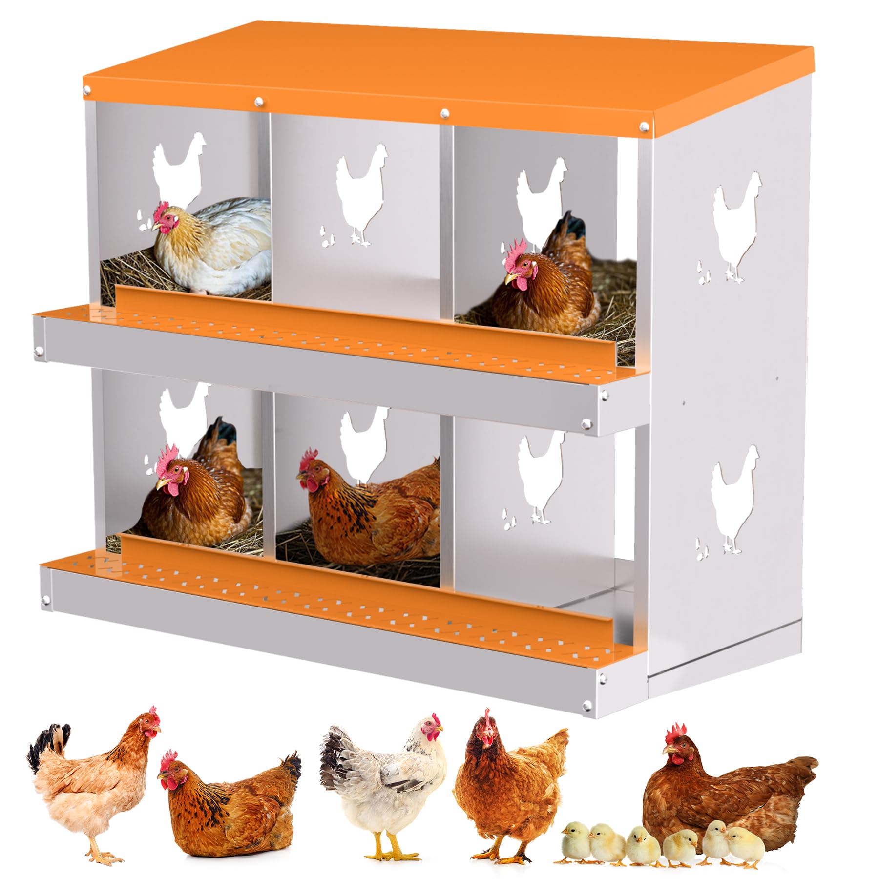 Garvee 6-Hole Chicken Nesting Box Galvanized Steel Rustproof Automatic Egg Collection Ventilated Easy Install Wall or Freestanding for Chicken Coop Orange