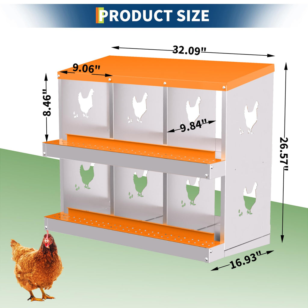 Garvee 6-Hole Chicken Nesting Box Galvanized Steel Rustproof Automatic Egg Collection Ventilated Easy Install Wall or Freestanding for Chicken Coop Orange